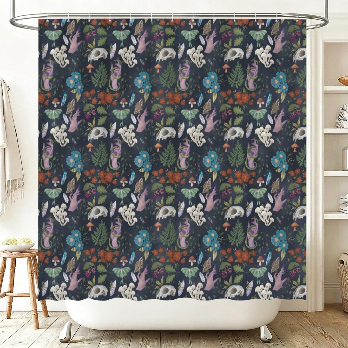 Dark Botanical Mushroom Shower Curtain, Witchy Moth Skull Cottagecore Decor