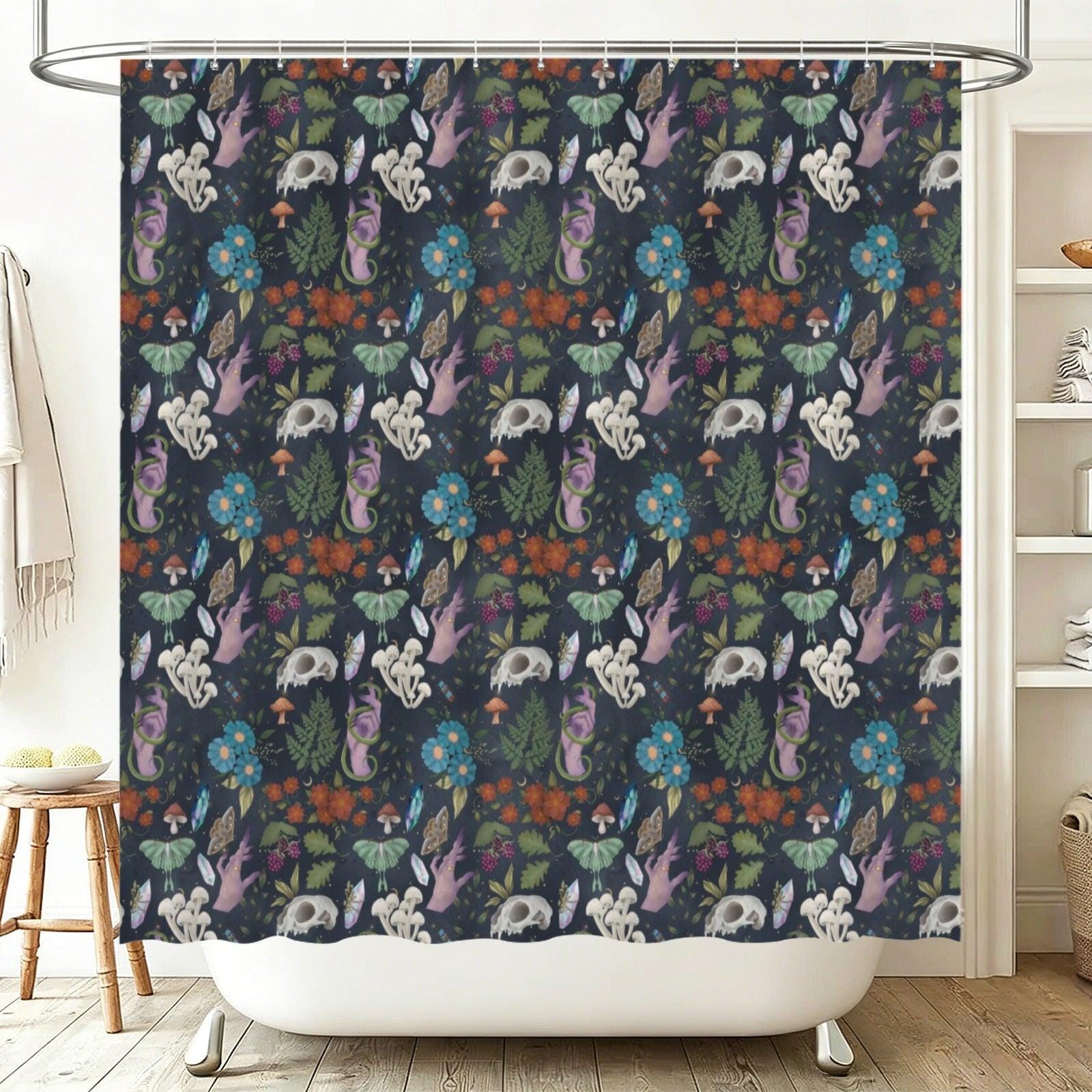 Dark Botanical Mushroom Shower Curtain, Witchy Moth Skull Cottagecore Decor