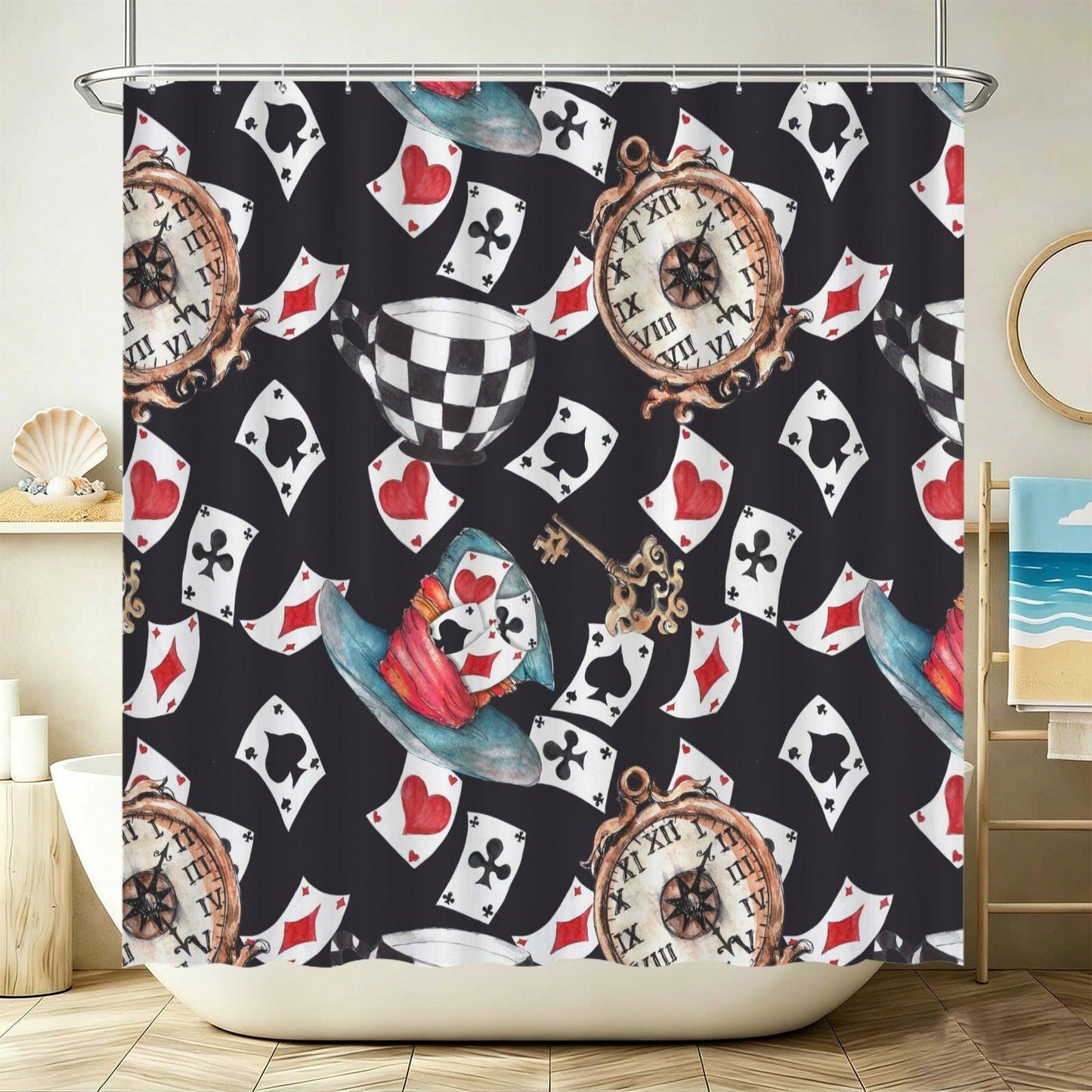 Wonderland Shower Curtain, Playing Cards, Clocks, Mad Tea Party Bathroom Decor