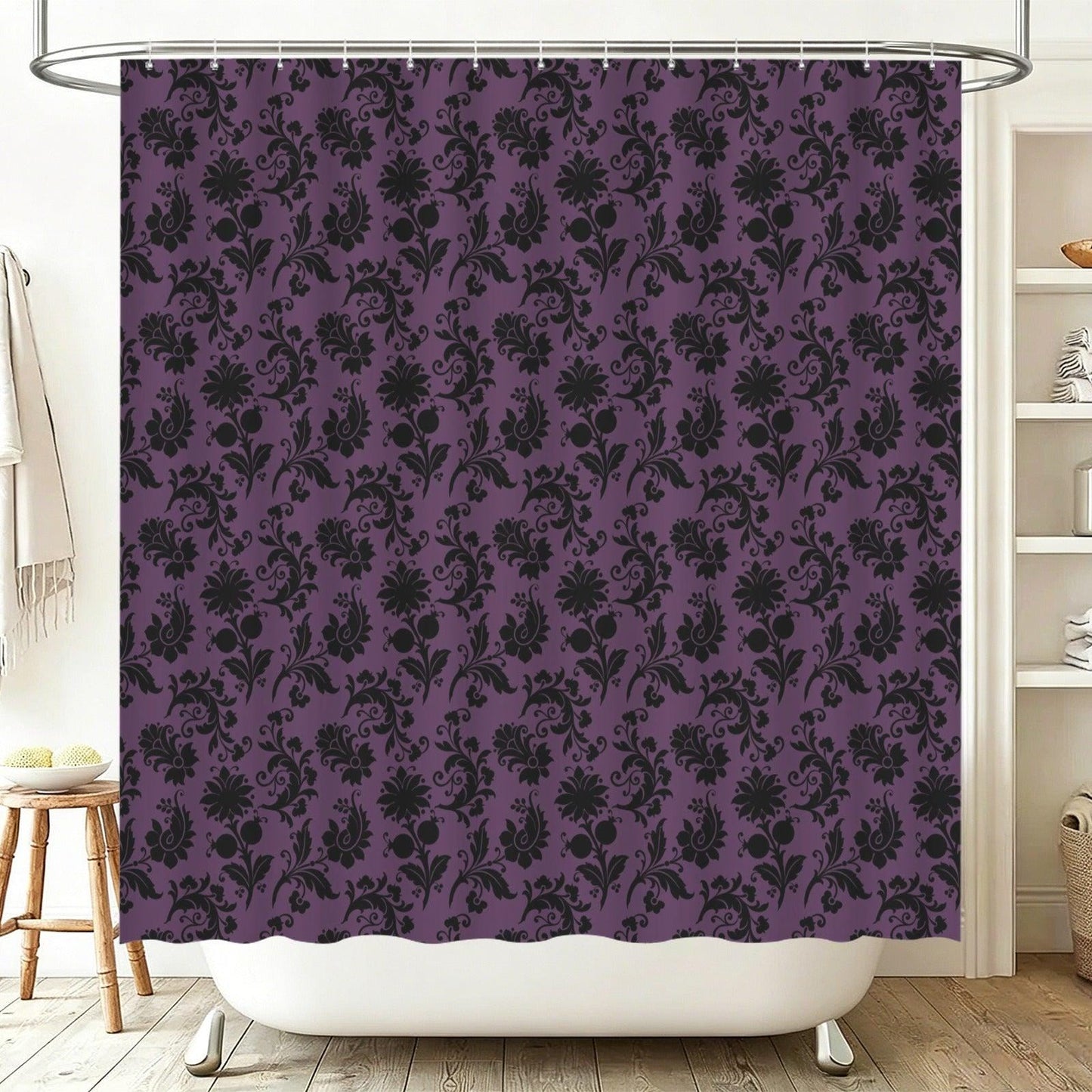 Purple Damask Shower Curtain, Gothic Baroque Bath Decor, Victorian Floral Style