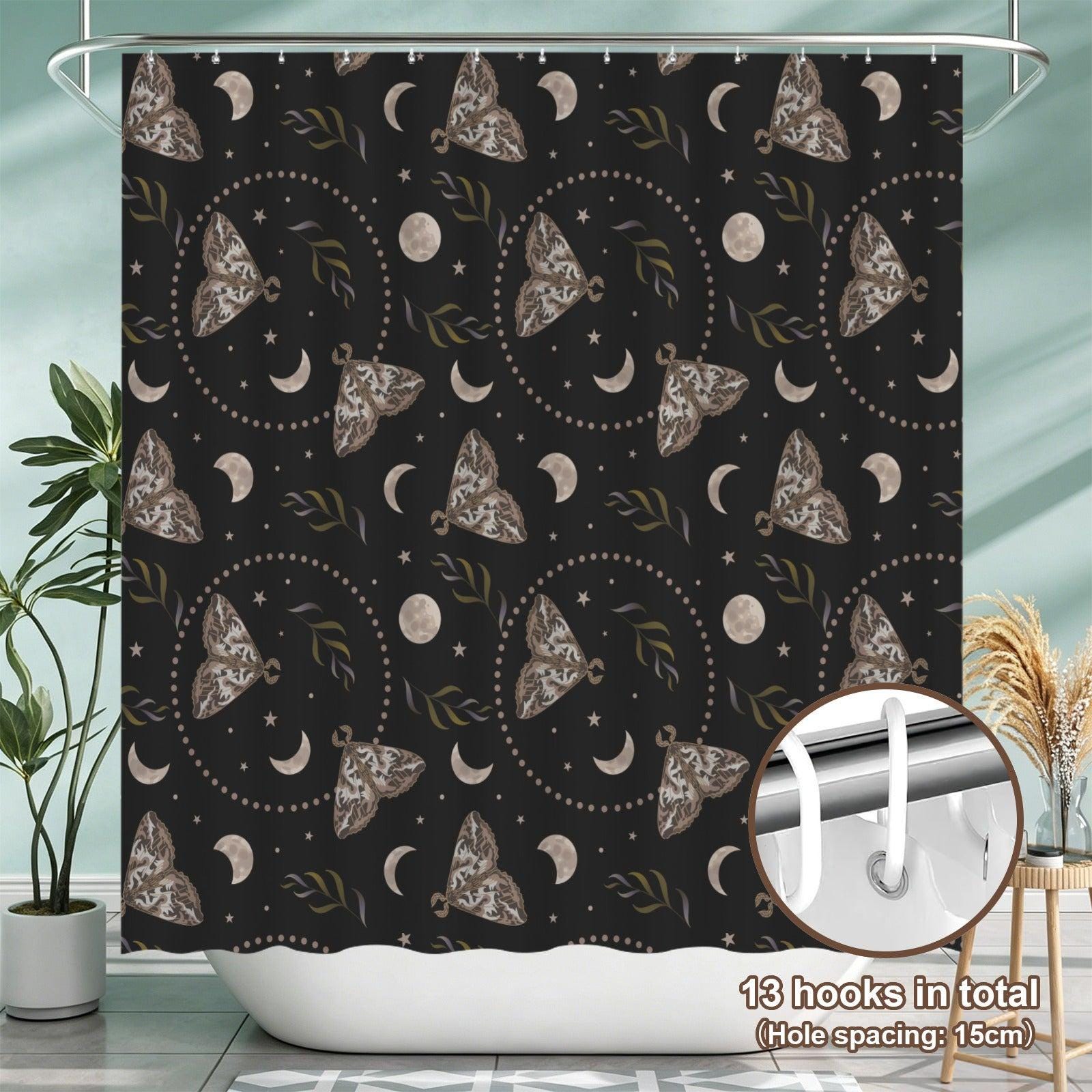 Moth Moon Phase Shower Curtain, Celestial Stars Witchy Bathroom Decor
