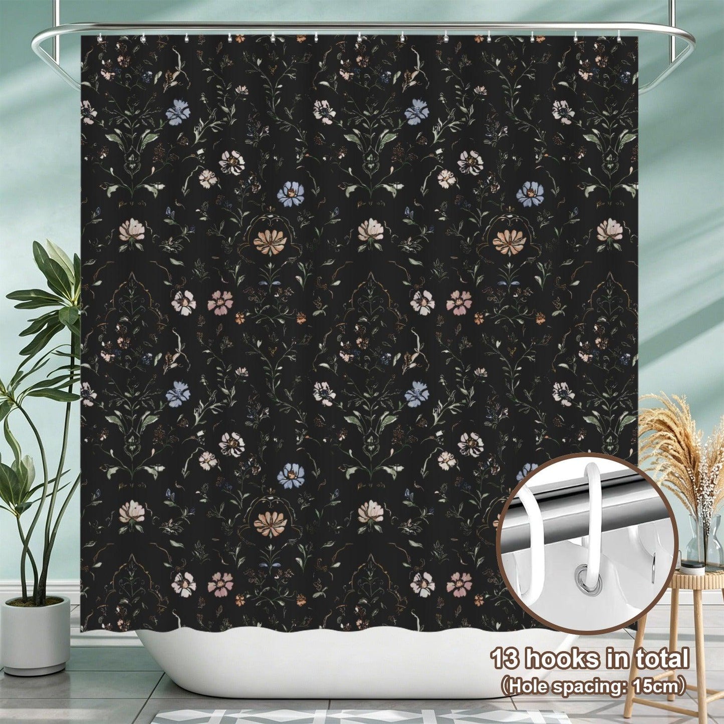 Dark Floral Shower Curtain, Moody Botanical Vintage Garden Bath Decor