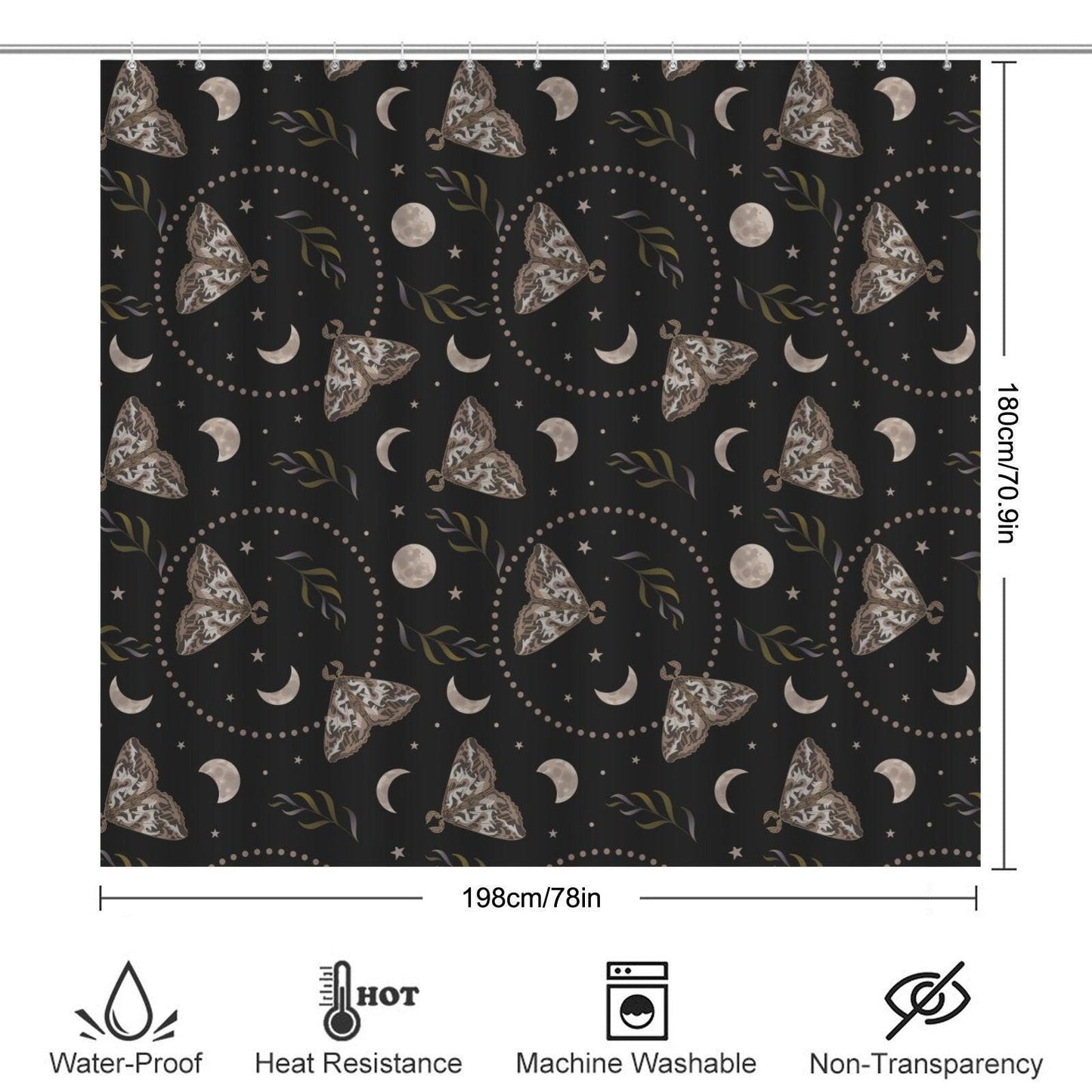 Moth Moon Phase Shower Curtain, Celestial Stars Witchy Bathroom Decor