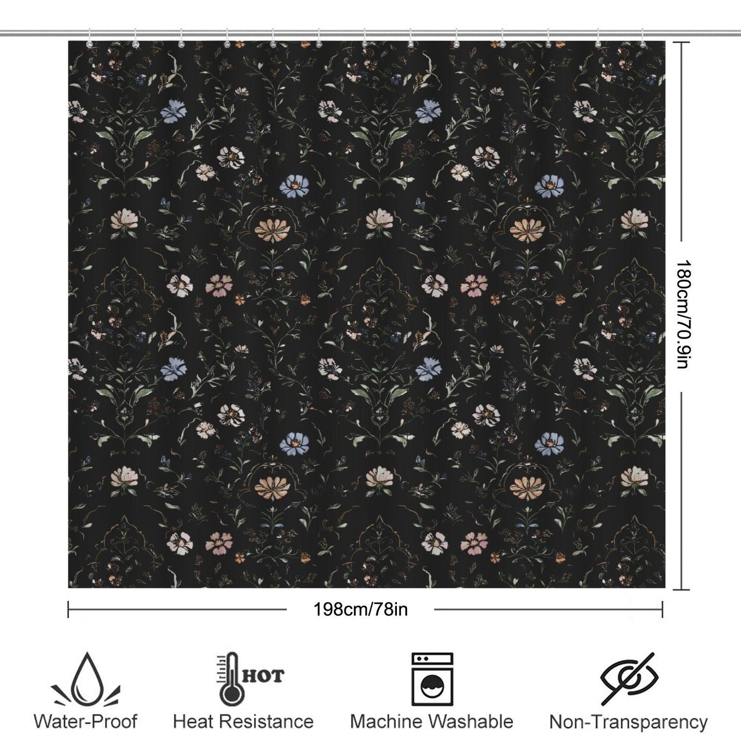 Dark Floral Shower Curtain, Moody Botanical Vintage Garden Bath Decor