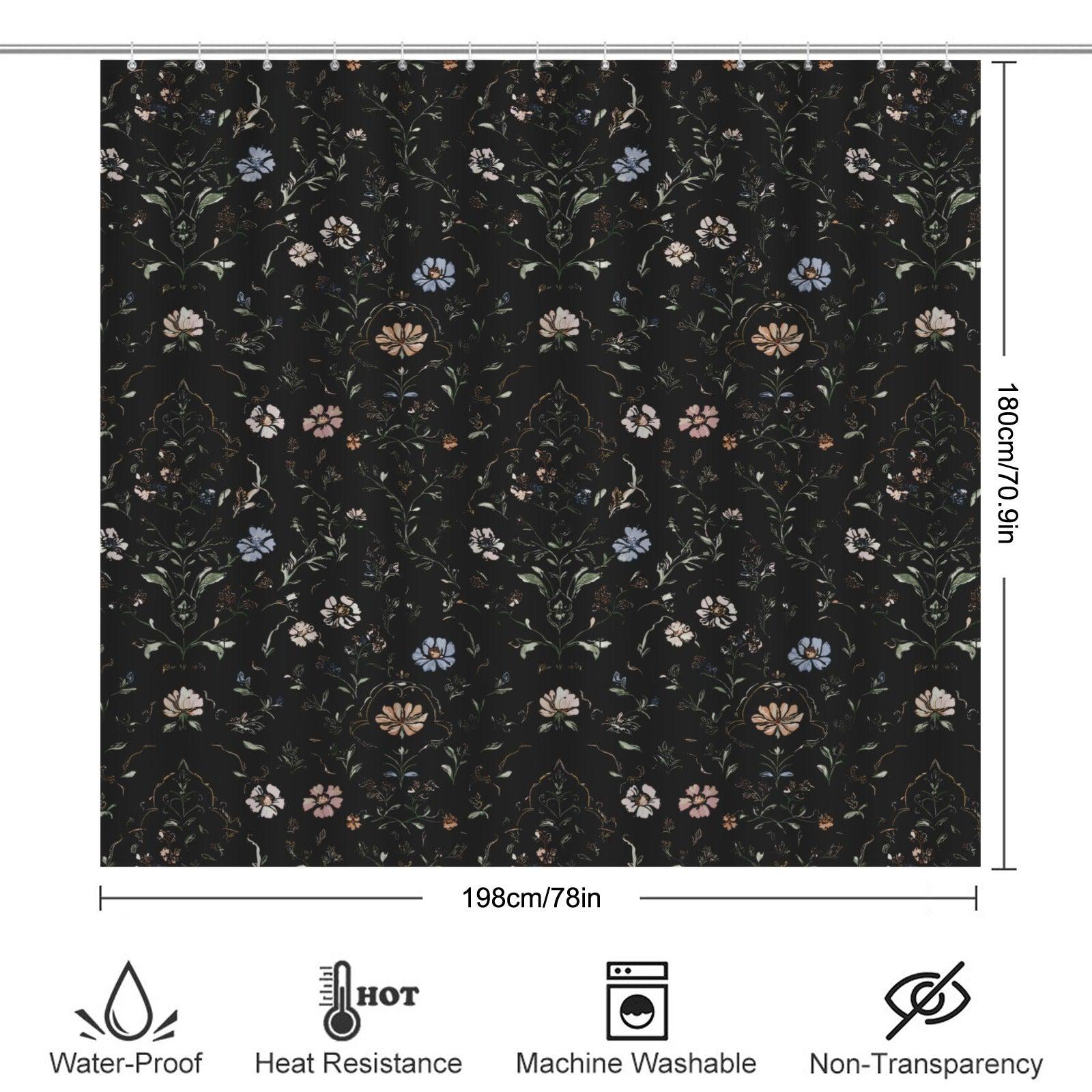 Dark Floral Shower Curtain, Moody Botanical Vintage Garden Bath Decor