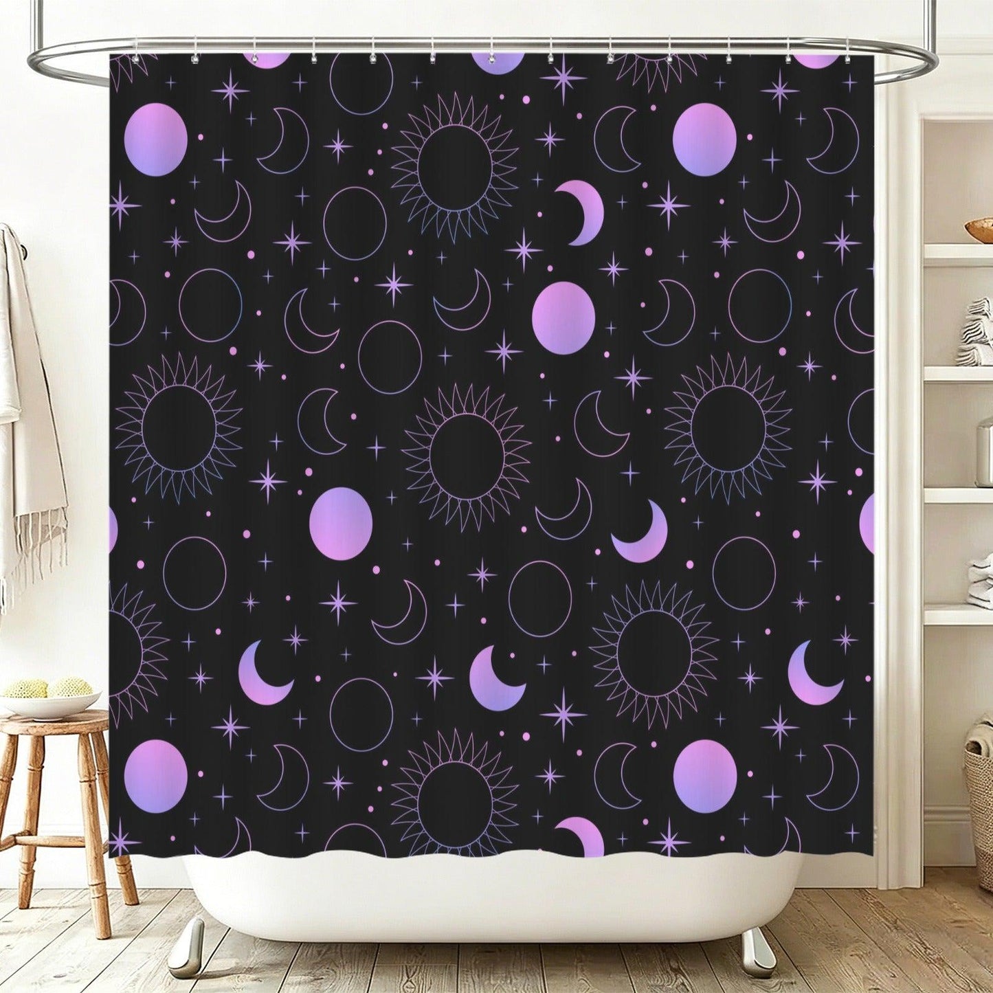Celestial Sun Moon Shower Curtain, Black Purple Stars Gothic Bathroom Decor