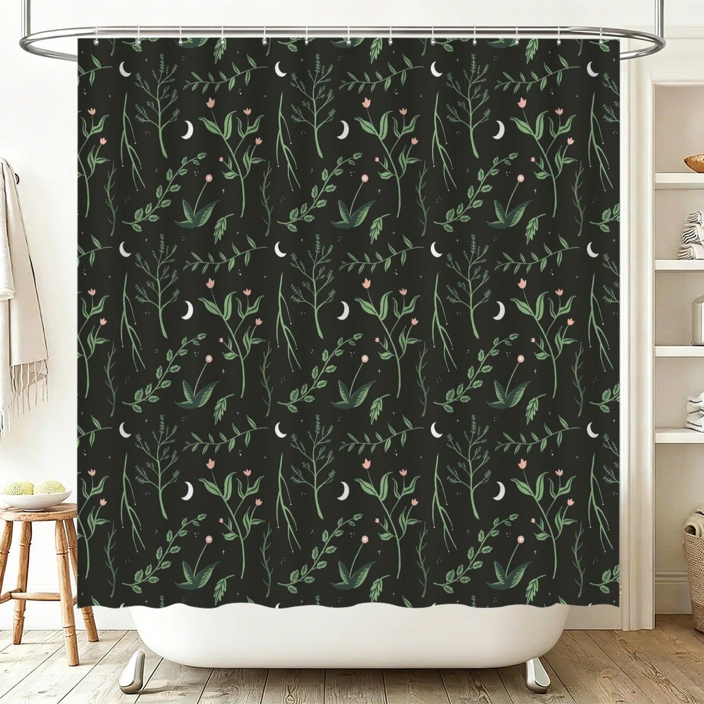Crescent Moon Botanical Shower Curtain, Dark Floral Bathroom Decor, Cottagecore Guest Bath Accent