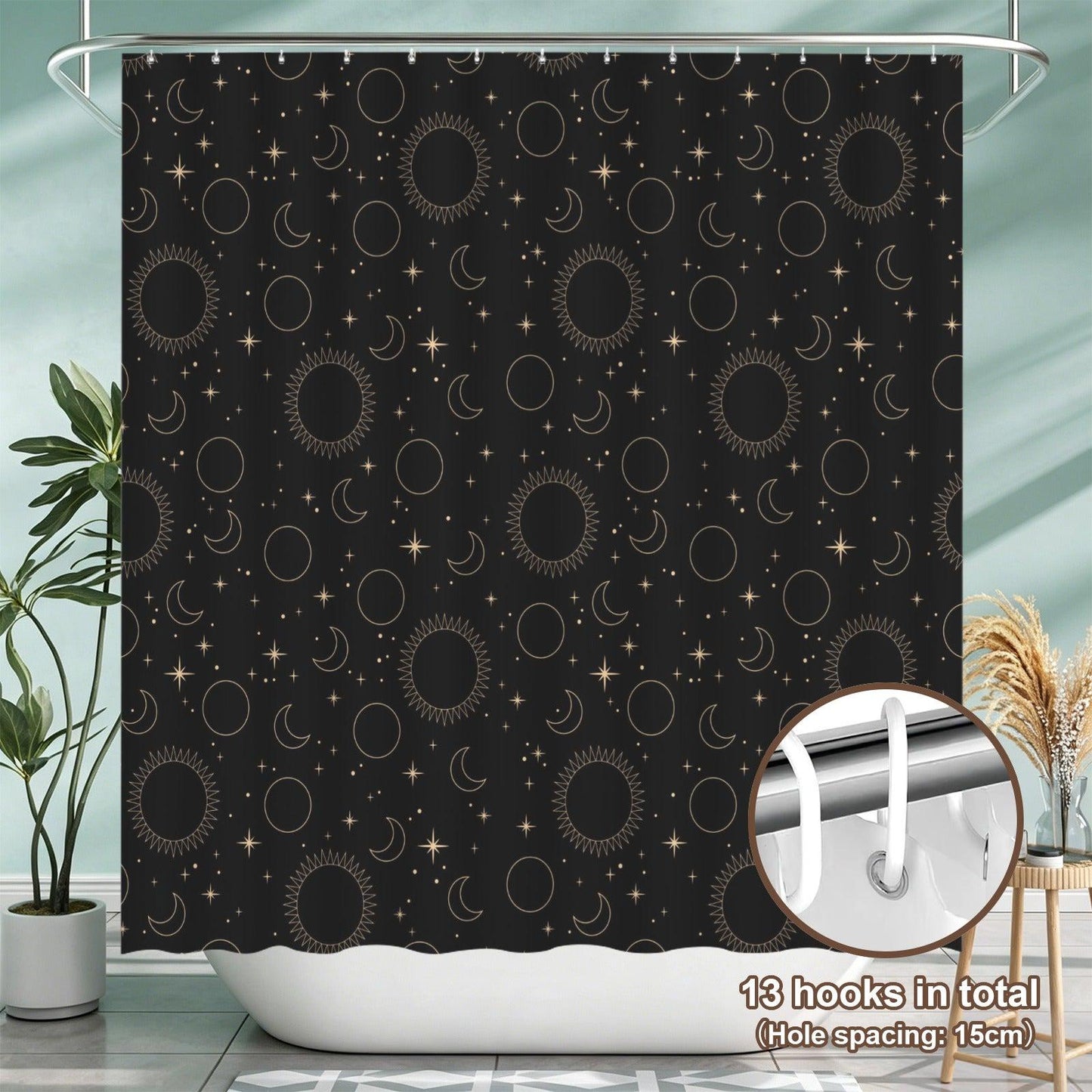 Hand Drawn Celestial Shower Curtain, Black Gold Sun Moon Stars, Modern Bathroom Decor
