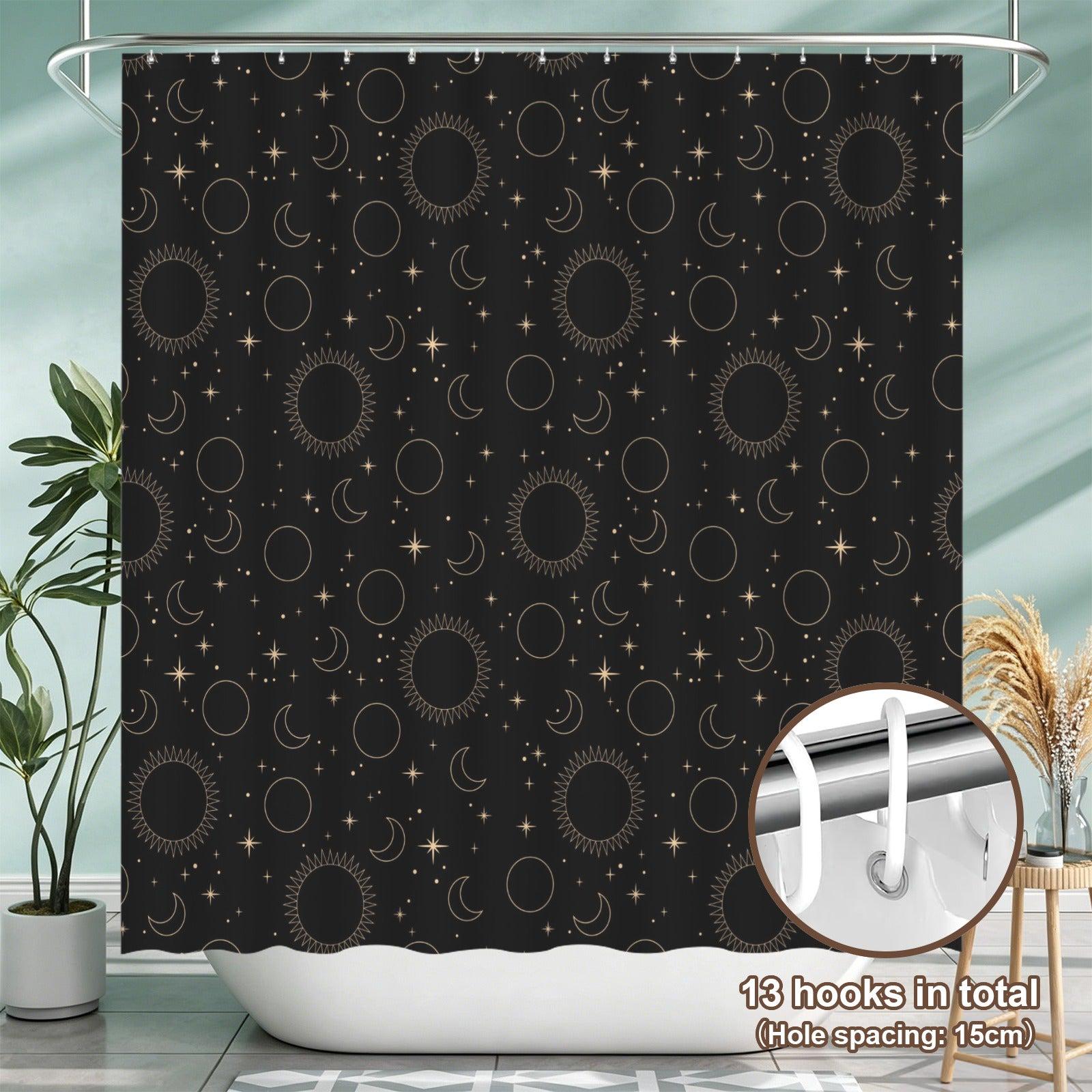 Hand Drawn Celestial Shower Curtain, Black Gold Sun Moon Stars, Modern Bathroom Decor