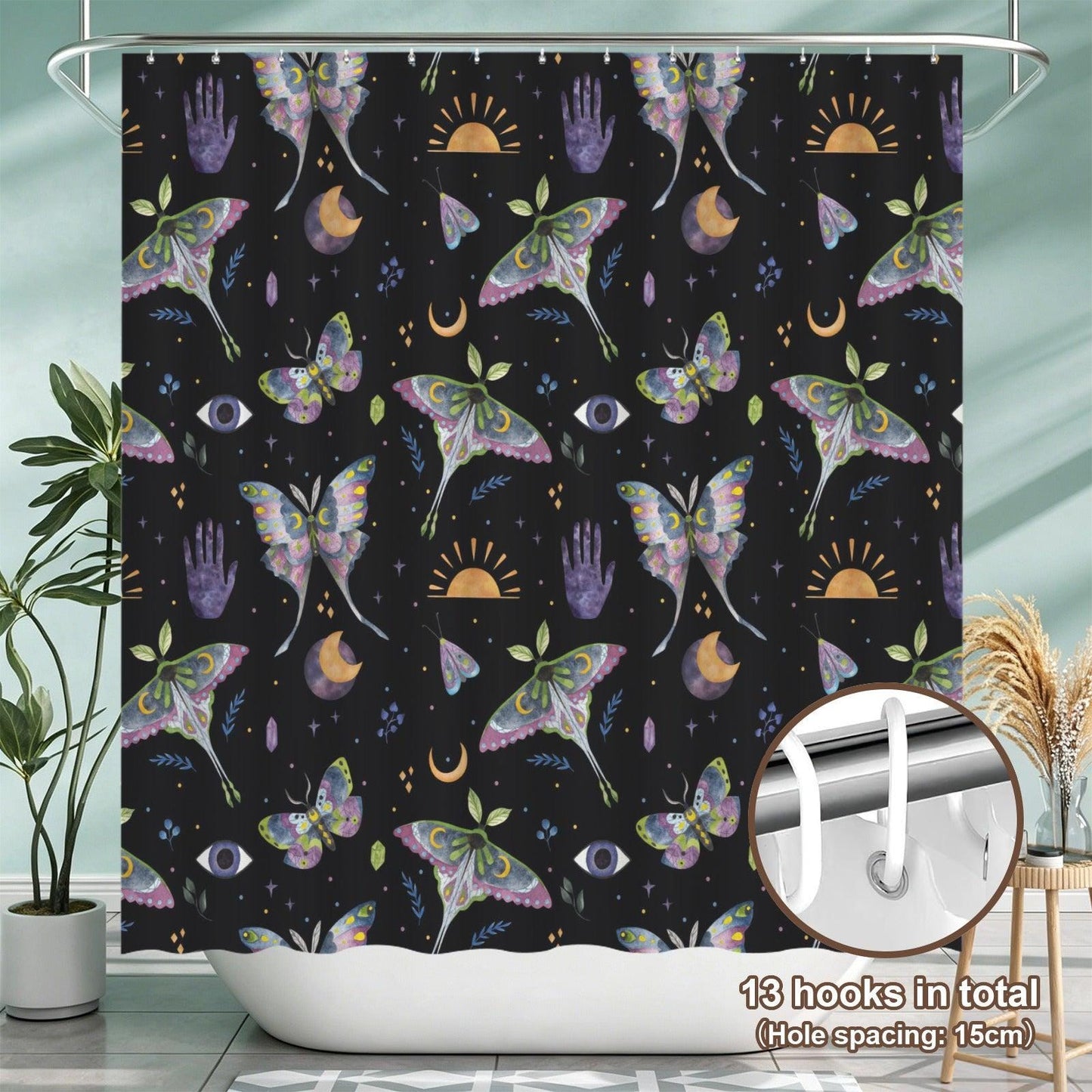 Mystical Moth Butterfly Shower Curtain, Celestial Moon Sun Crystal Bathroom Decor
