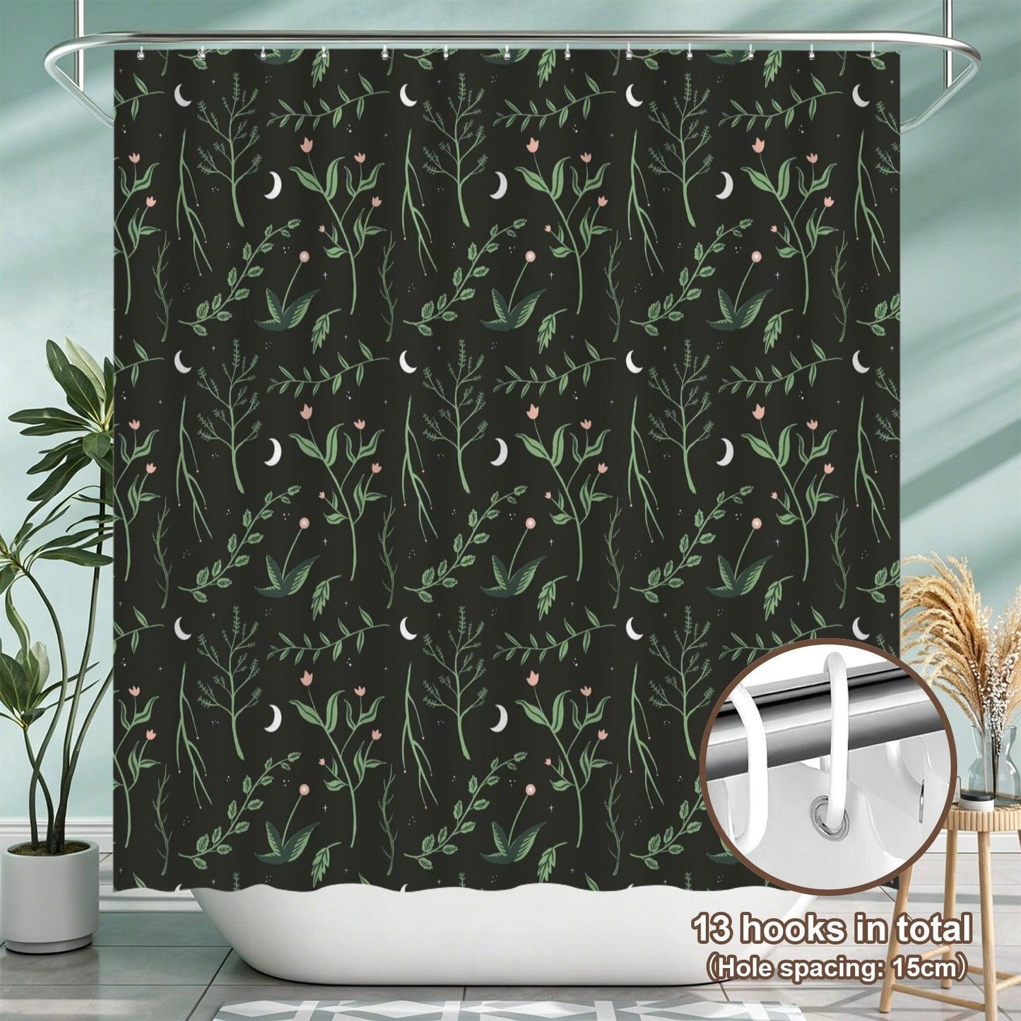 Crescent Moon Botanical Shower Curtain, Dark Floral Bathroom Decor, Cottagecore Guest Bath Accent