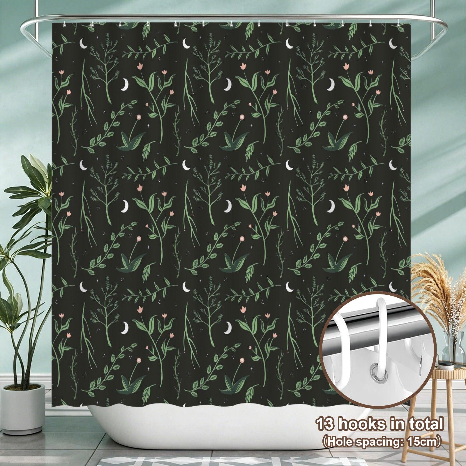 Crescent Moon Botanical Shower Curtain, Dark Floral Bathroom Decor, Cottagecore Guest Bath Accent