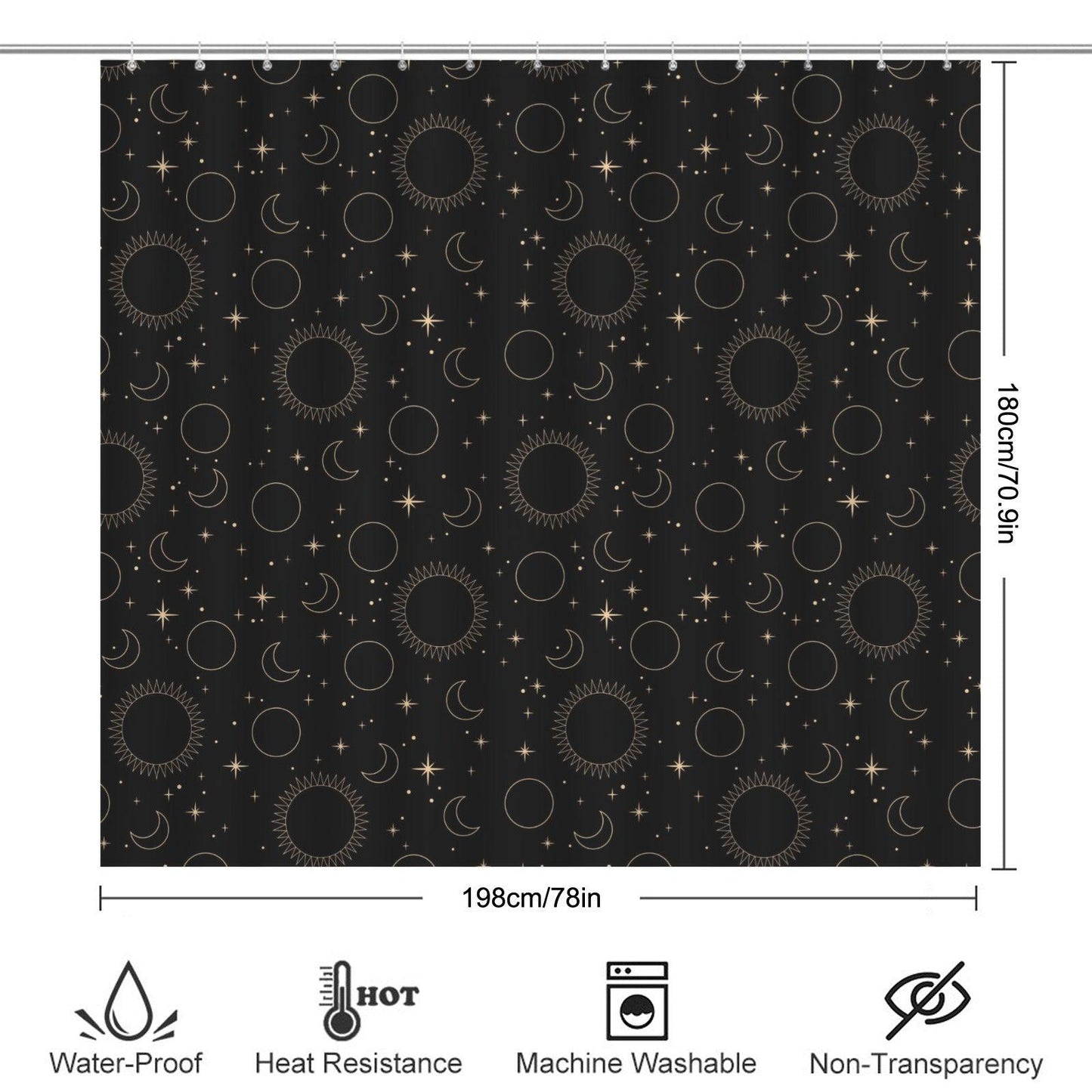 Hand Drawn Celestial Shower Curtain, Black Gold Sun Moon Stars, Modern Bathroom Decor