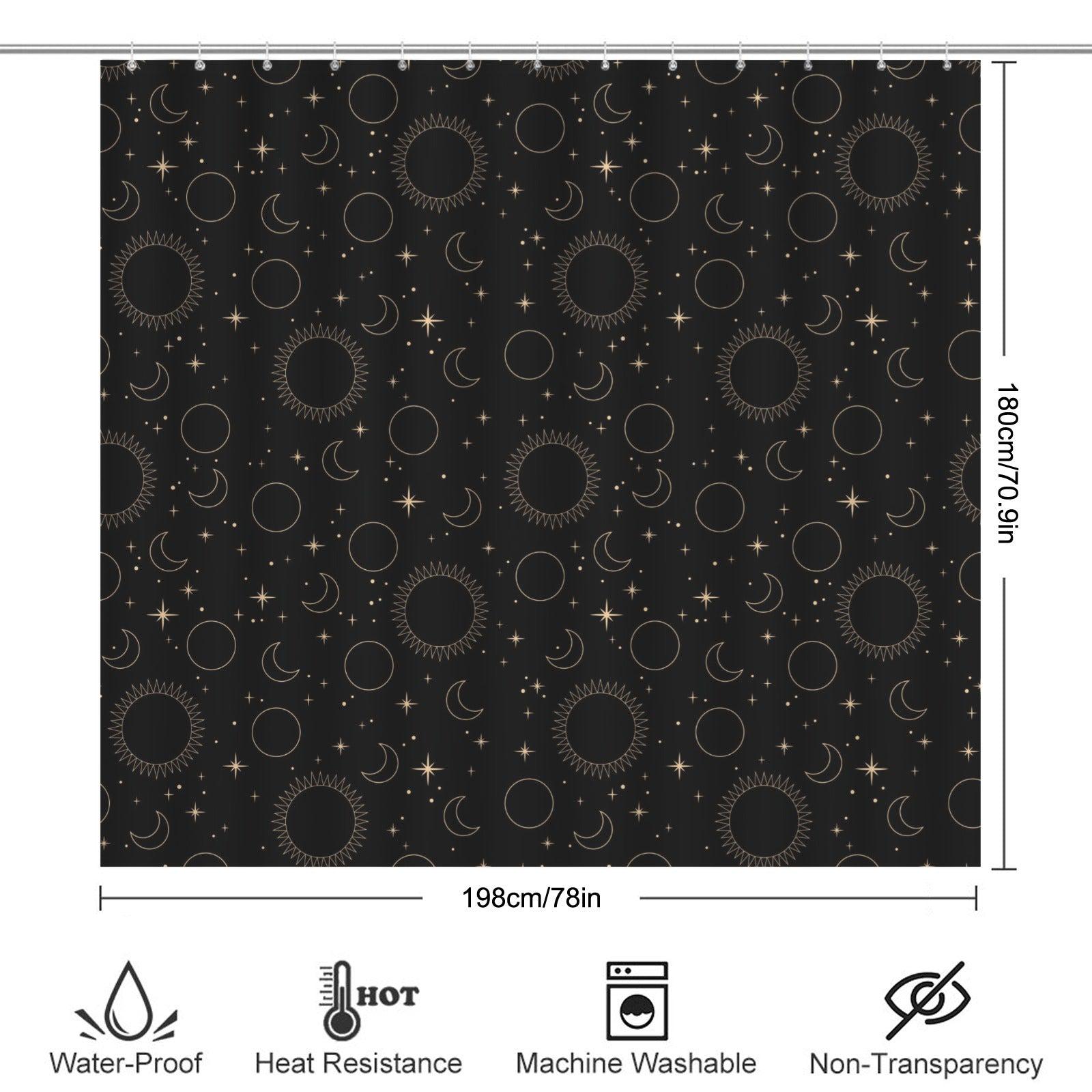 Hand Drawn Celestial Shower Curtain, Black Gold Sun Moon Stars, Modern Bathroom Decor