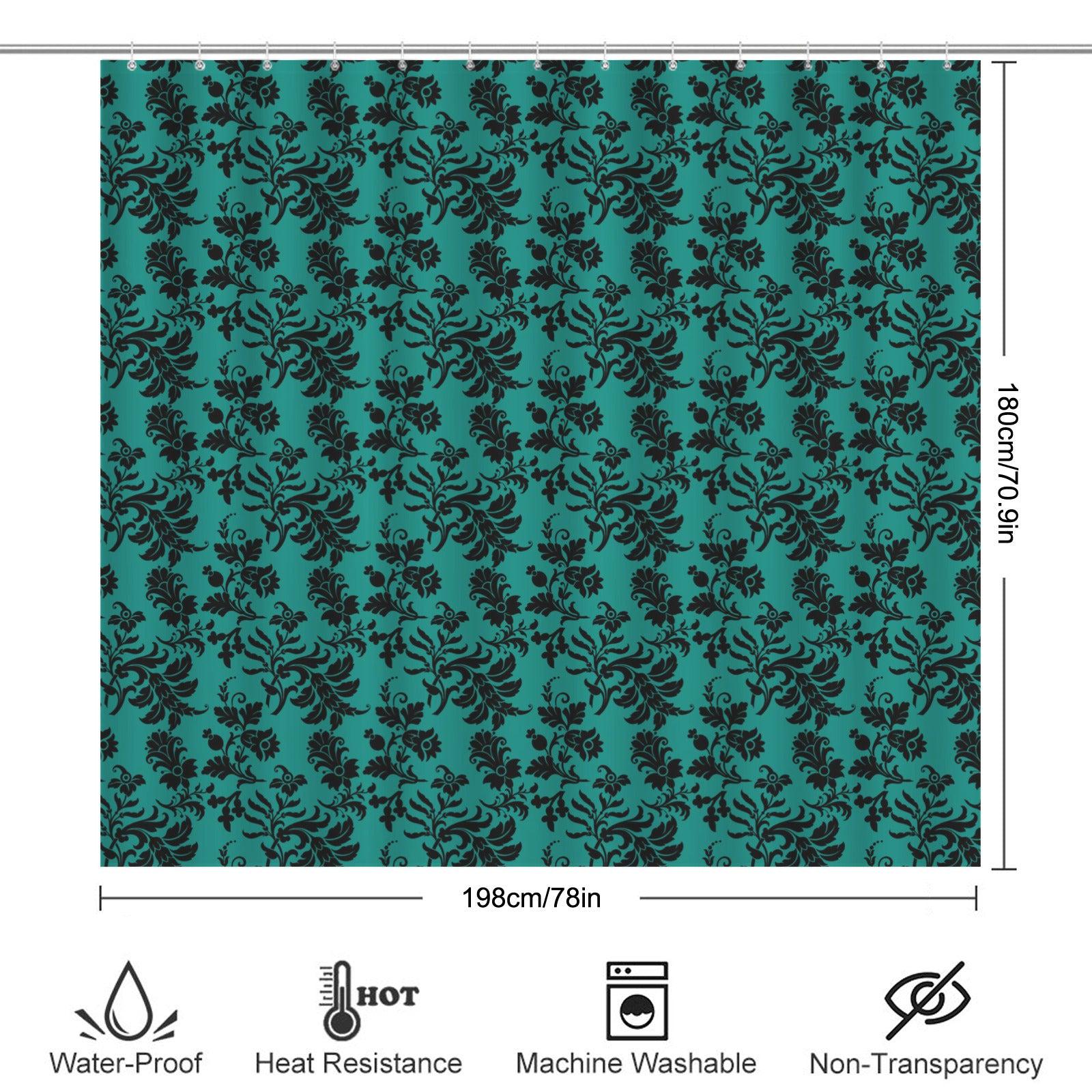 Teal Black Damask Shower Curtain, Victorian Jewel Tone Bathroom Decor
