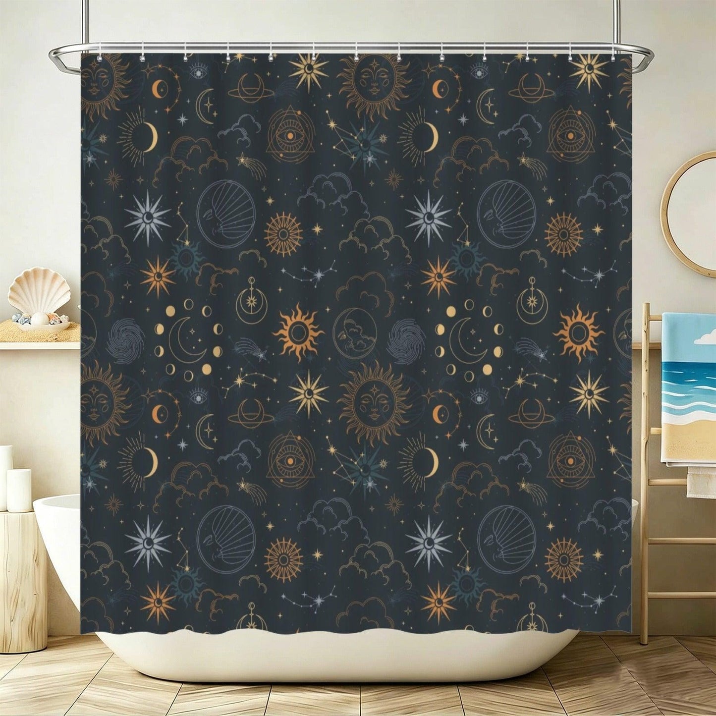 Celestial Sun Moon Shower Curtain, Navy Gold Stars Mystic Bathroom Decor