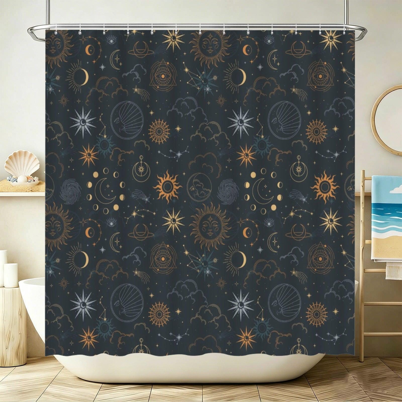 Celestial Sun Moon Shower Curtain, Navy Gold Stars Mystic Bathroom Decor