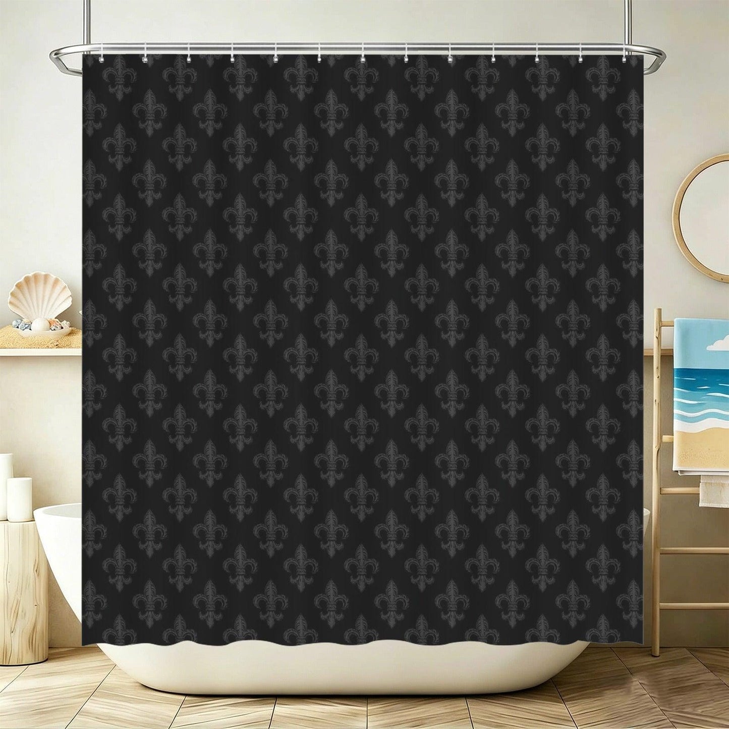 Fleur de Lis Shower Curtain, Tonal Black Damask Bath Curtain, Victorian Gothic Decor