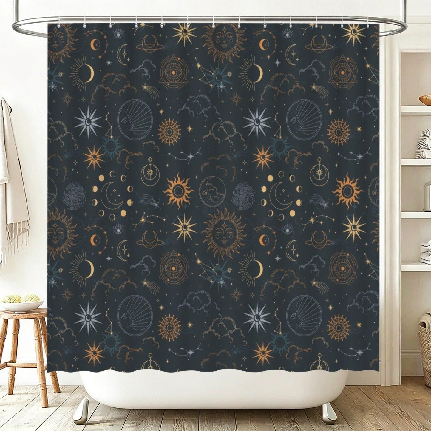 Celestial Sun Moon Shower Curtain, Navy Gold Stars Mystic Bathroom Decor