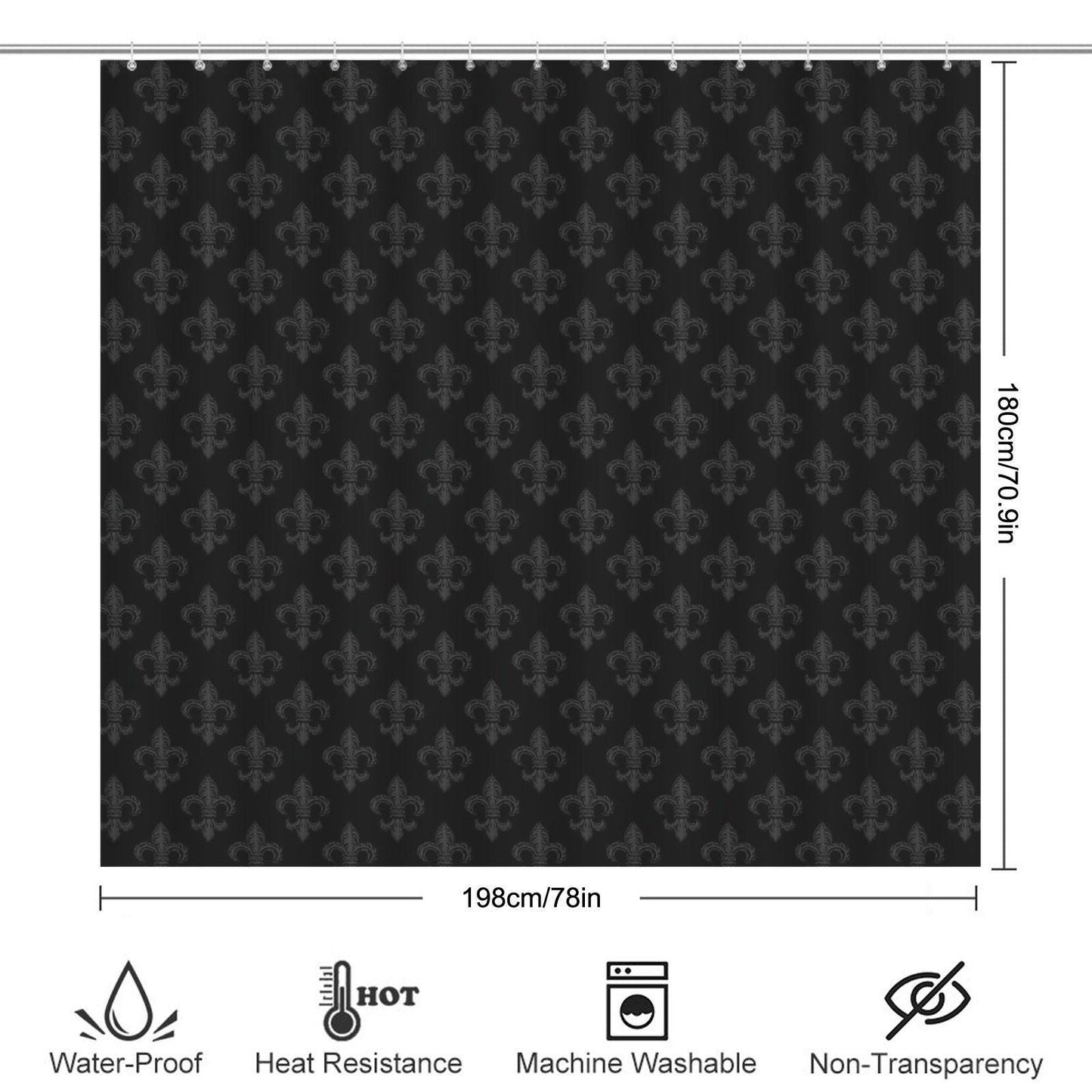 Fleur de Lis Shower Curtain, Tonal Black Damask Bath Curtain, Victorian Gothic Decor