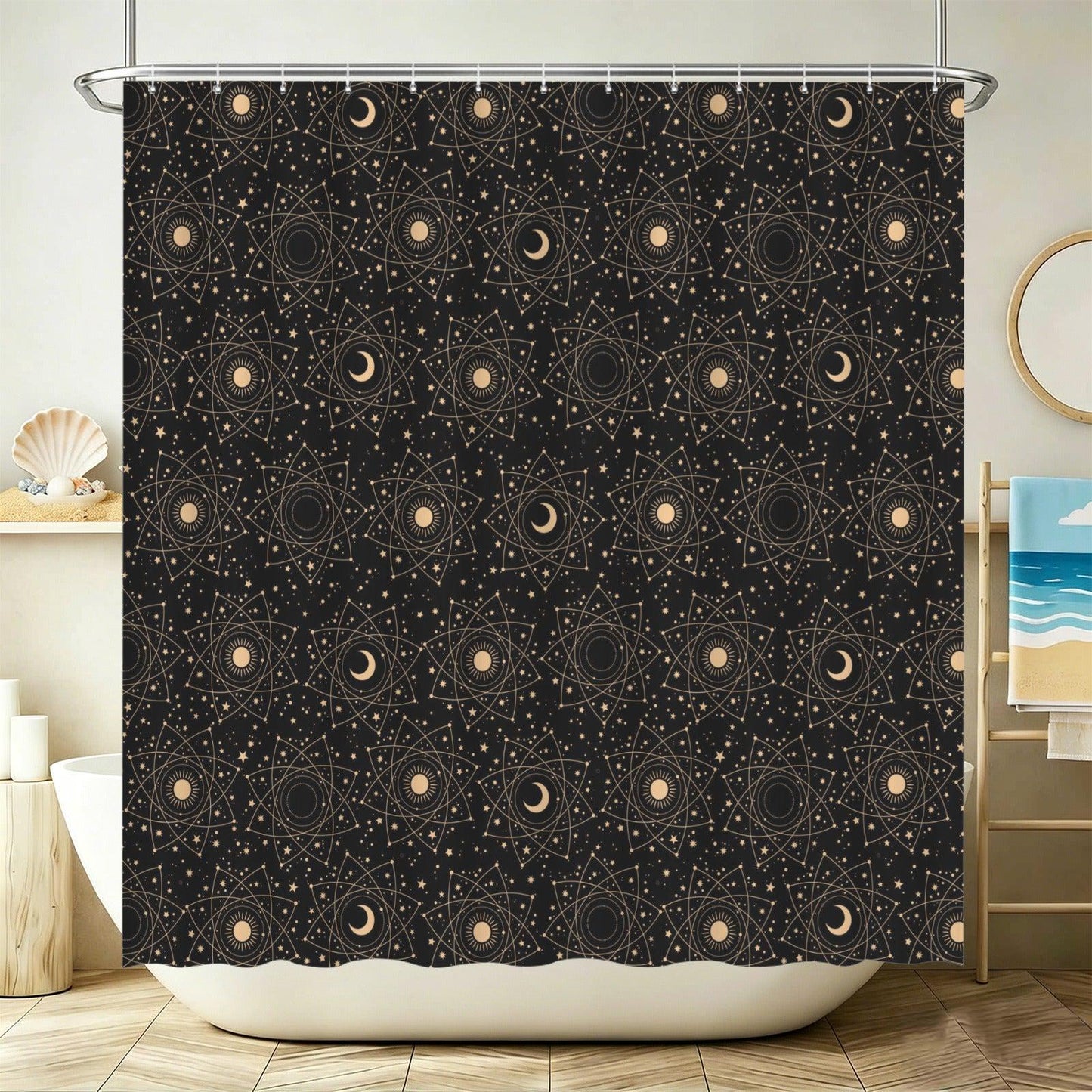 Black Celestial Moon Phase Shower Curtain, Astrology Sun Star Bath Decor