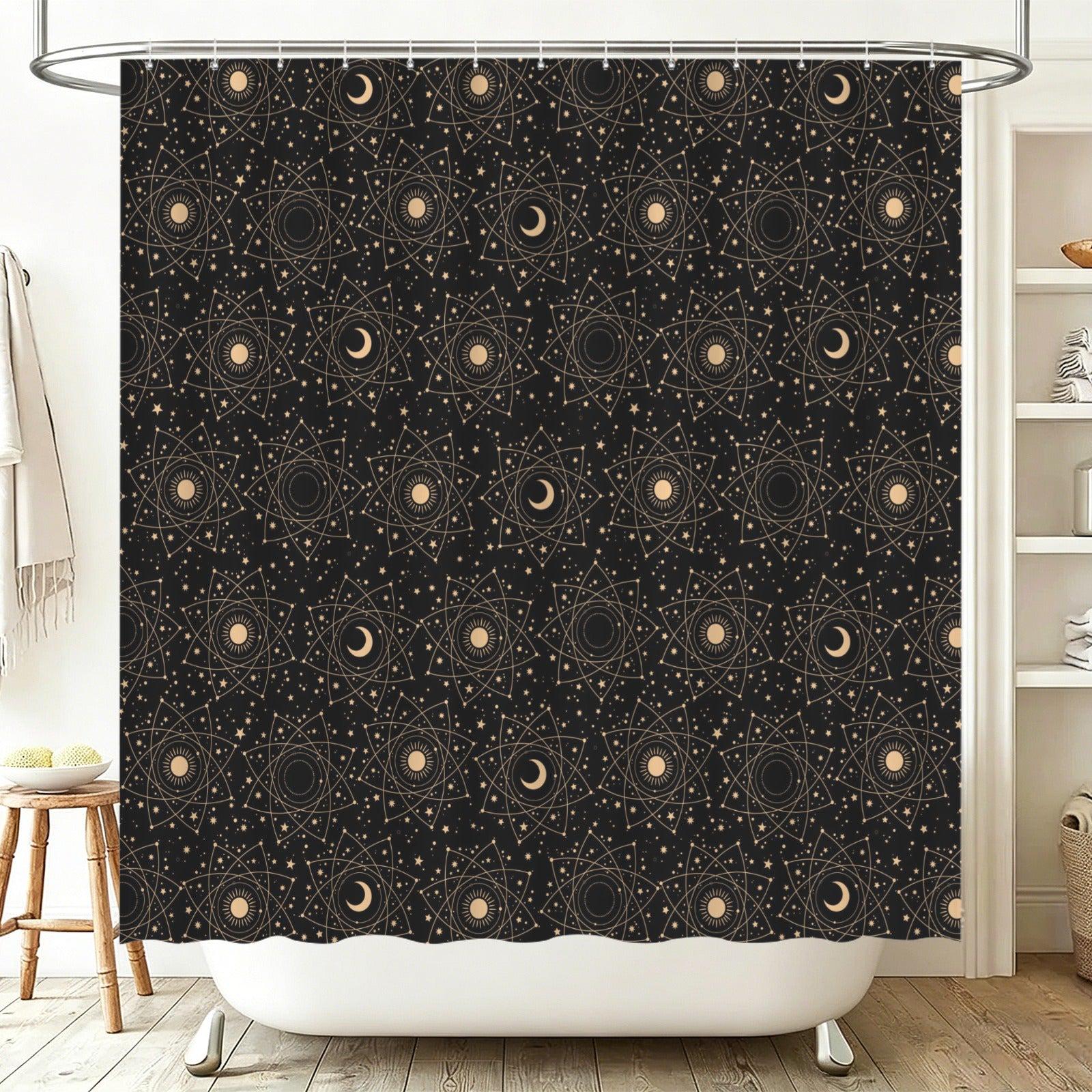 Black Celestial Moon Phase Shower Curtain, Astrology Sun Star Bath Decor