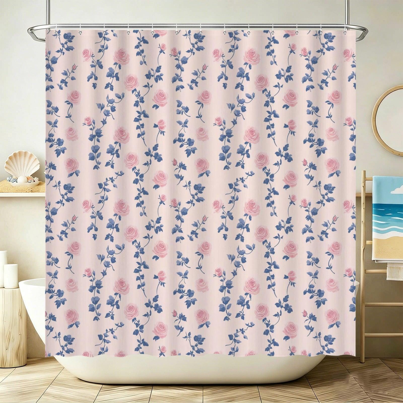 Vintage Rose Shower Curtain, Pink Blue Floral, Shabby Chic French Country Bath Decor