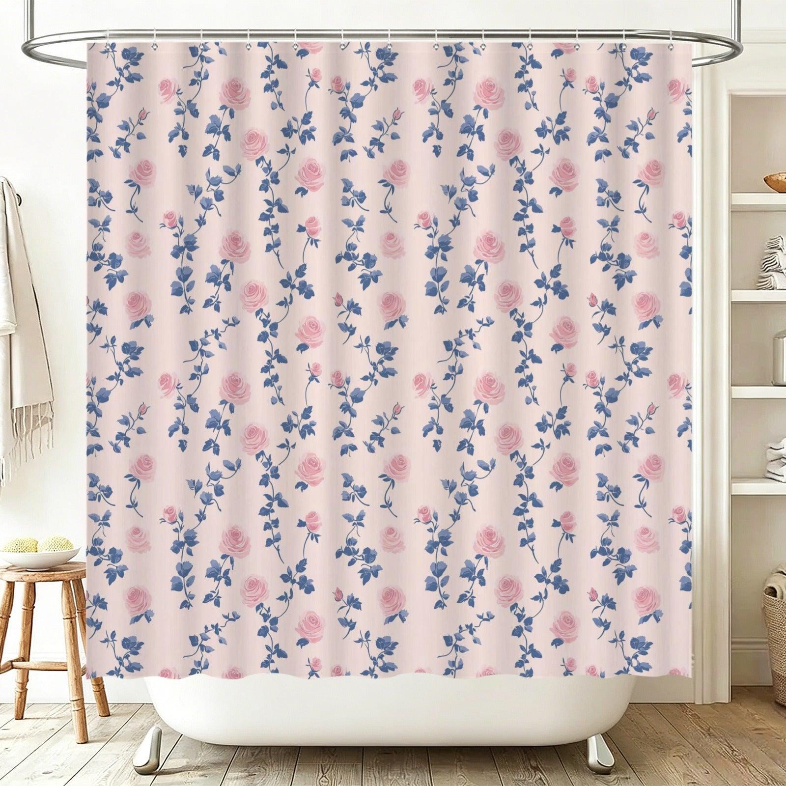 Vintage Rose Shower Curtain, Pink Blue Floral, Shabby Chic French Country Bath Decor