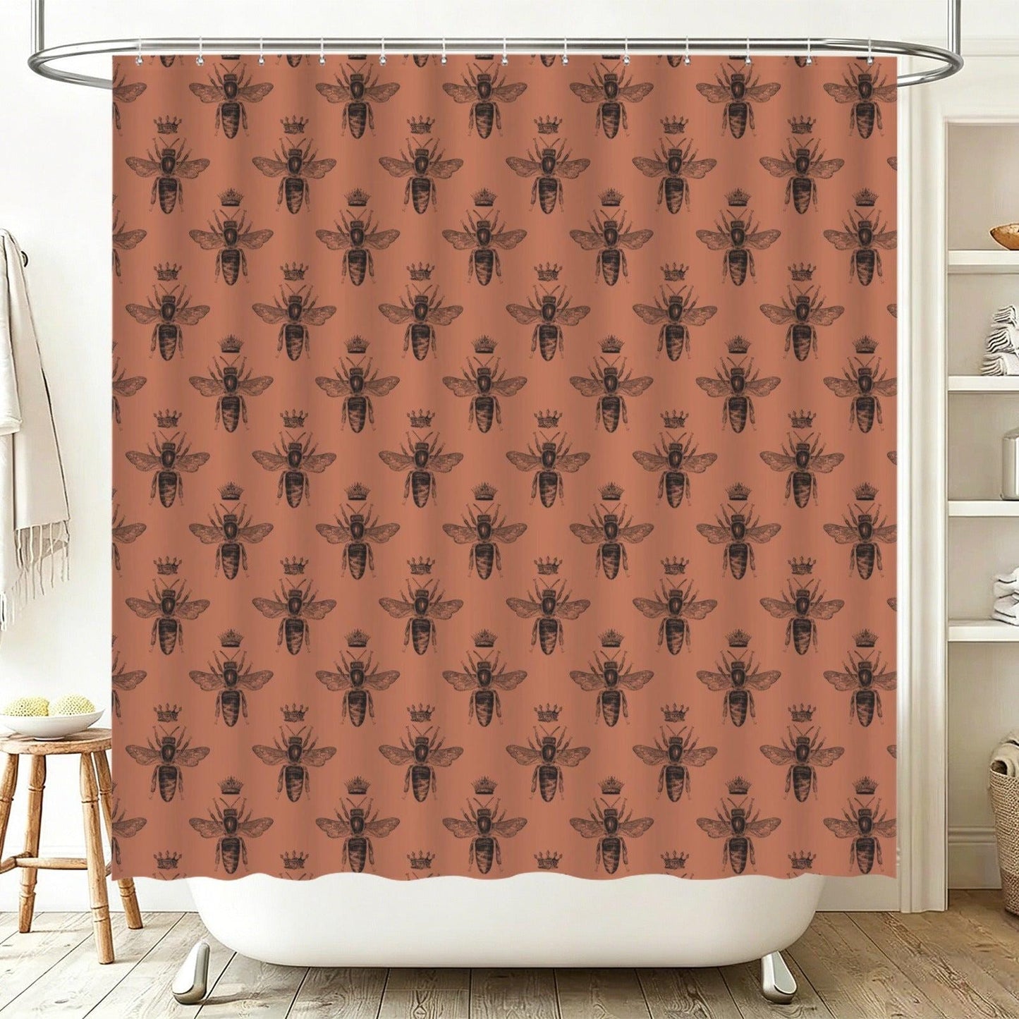 Terracotta Bee Shower Curtain, Vintage Honeybee Bathroom Decor, Cottagecore Insect Bath Curtain