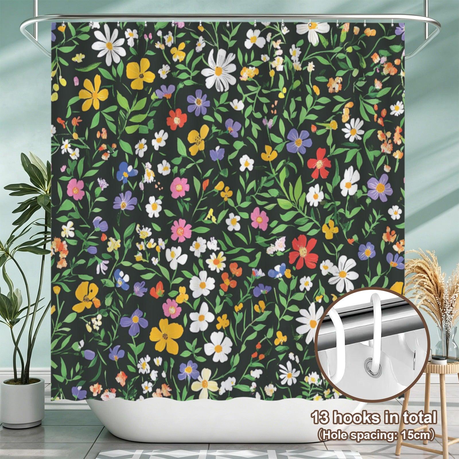 Black Wildflower Shower Curtain, Colorful Meadow Floral Bath Decor