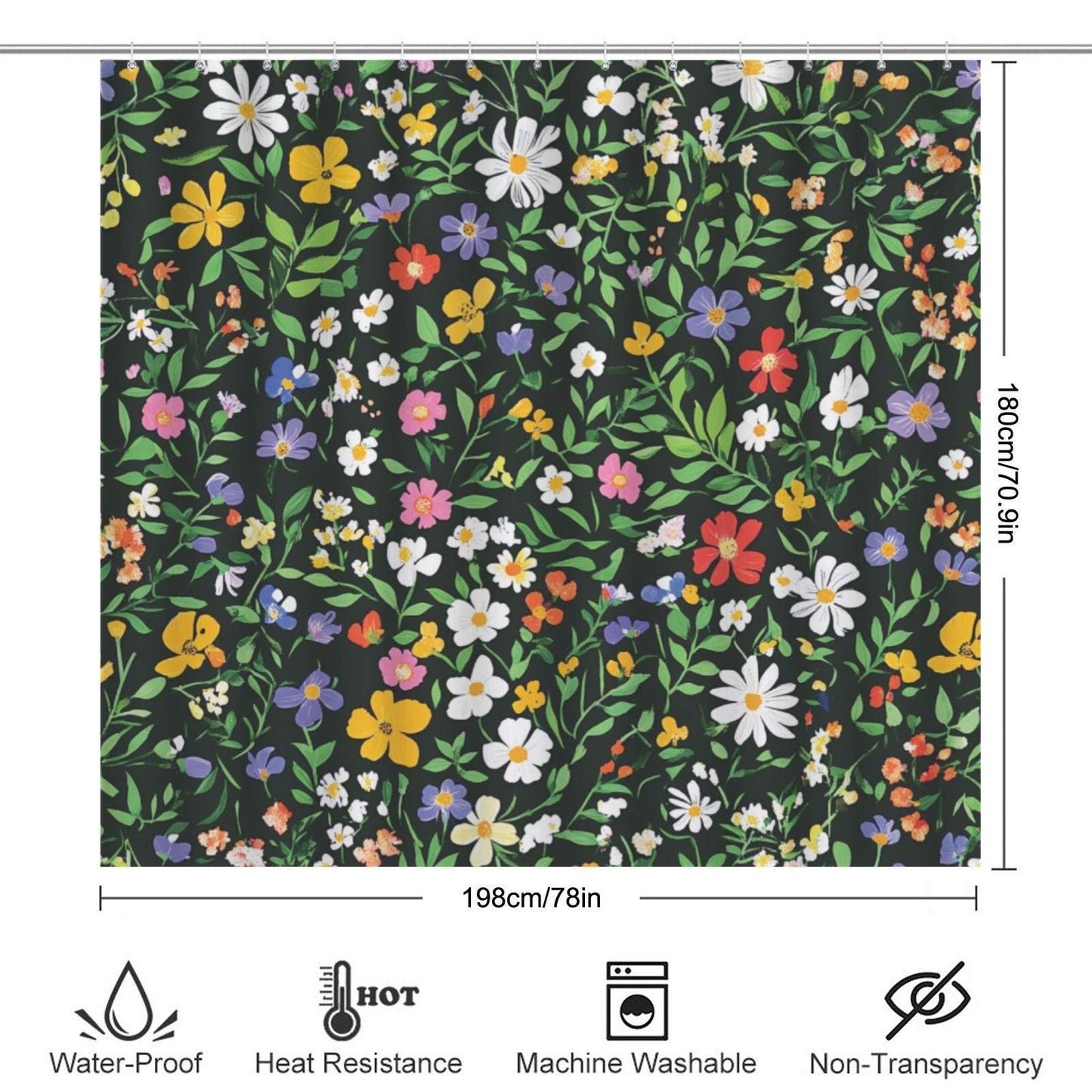 Black Wildflower Shower Curtain, Colorful Meadow Floral Bath Decor