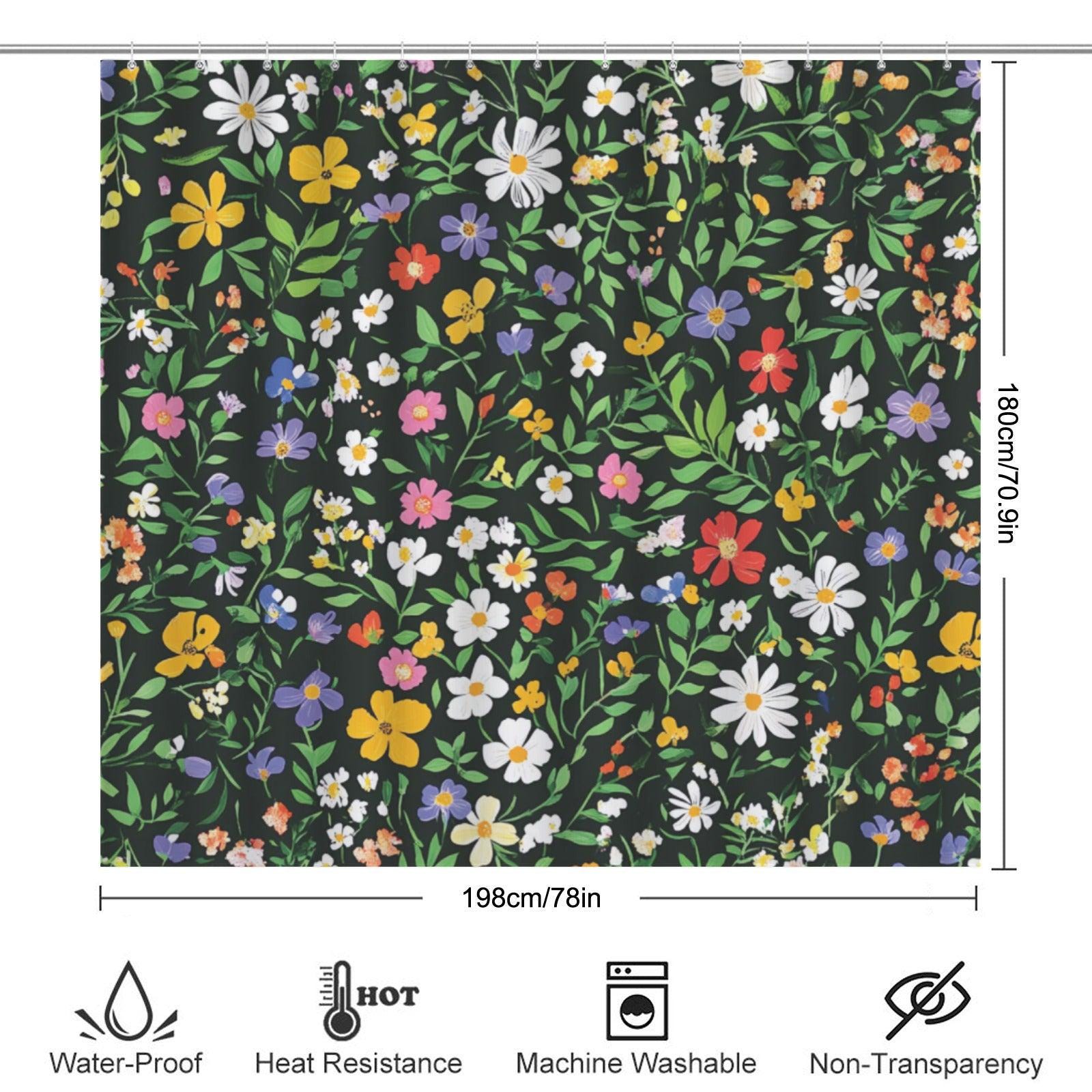 Black Wildflower Shower Curtain, Colorful Meadow Floral Bath Decor