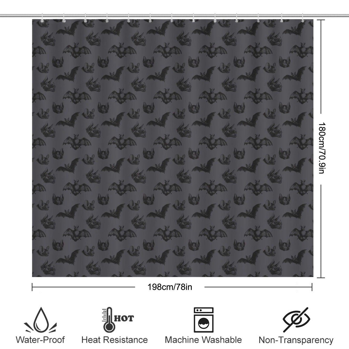 Bat Shower Curtain, Gothic Bathroom Curtain in Charcoal Gray, Dark Academia Halloween Bath Decor