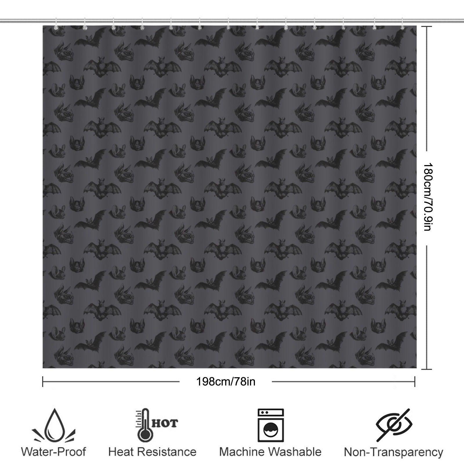 Bat Shower Curtain, Gothic Bathroom Curtain in Charcoal Gray, Dark Academia Halloween Bath Decor