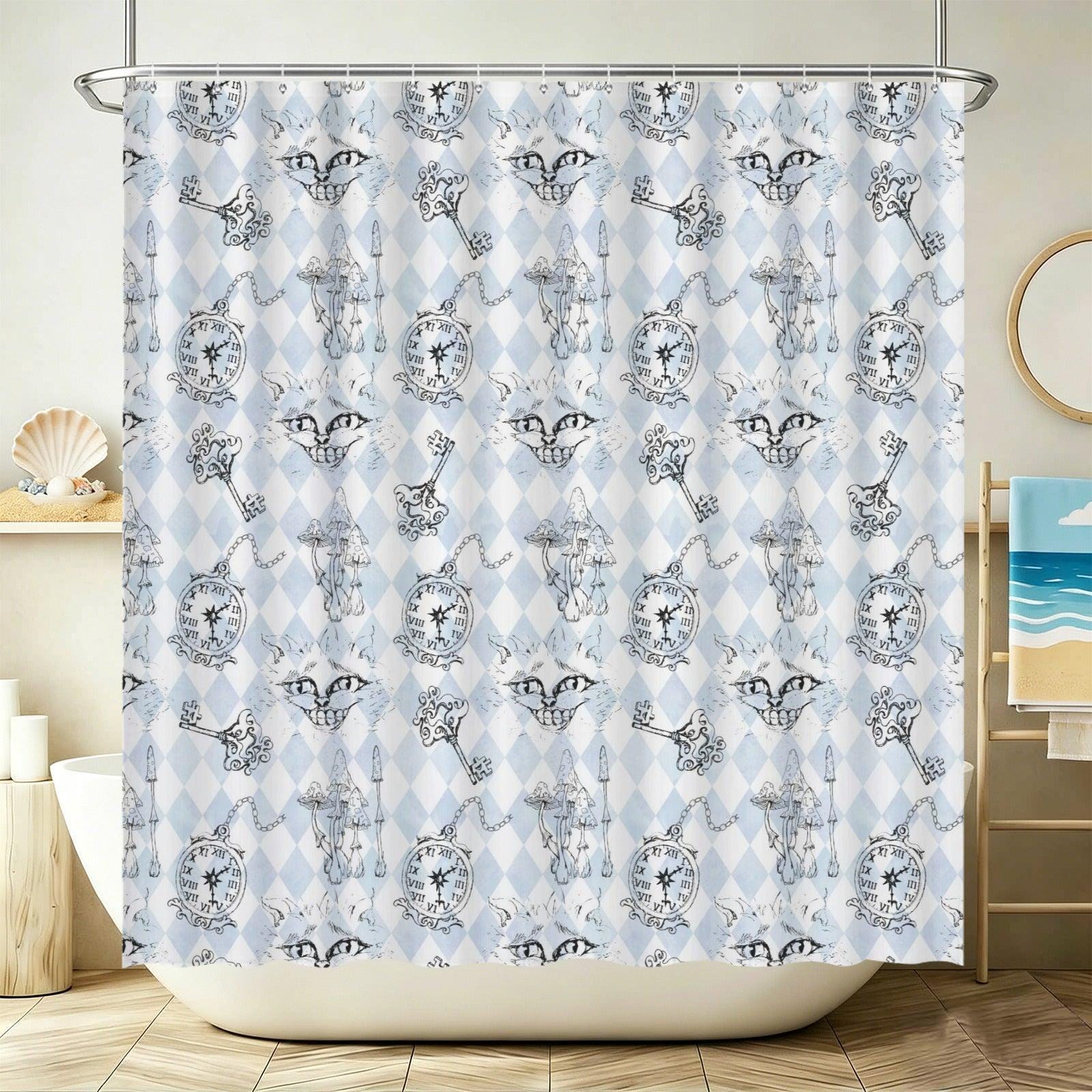 Blue Harlequin Cat Shower Curtain, Whimsical Wonderland Bathroom Decor, Vintage Curio Bath Accent