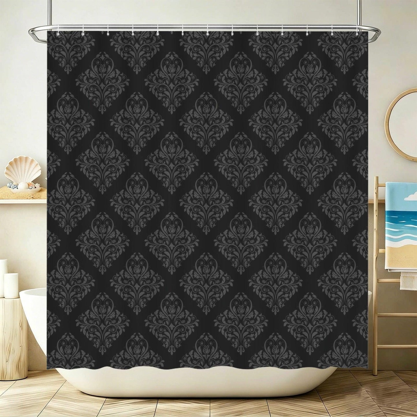 Black Damask Shower Curtain, Gothic Victorian Baroque Print, Dark Moody Bathroom Decor