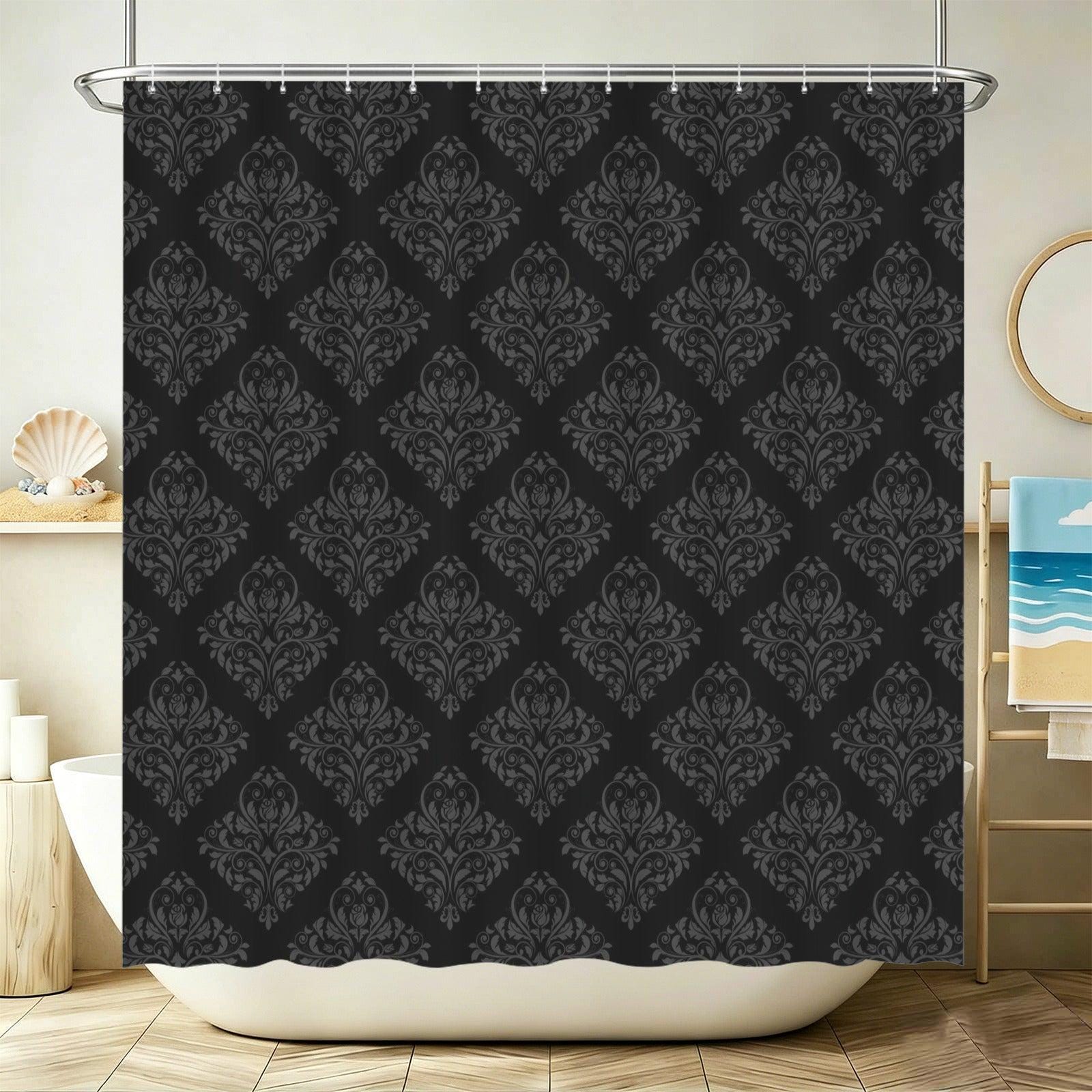 Black Damask Shower Curtain, Gothic Victorian Baroque Print, Dark Moody Bathroom Decor