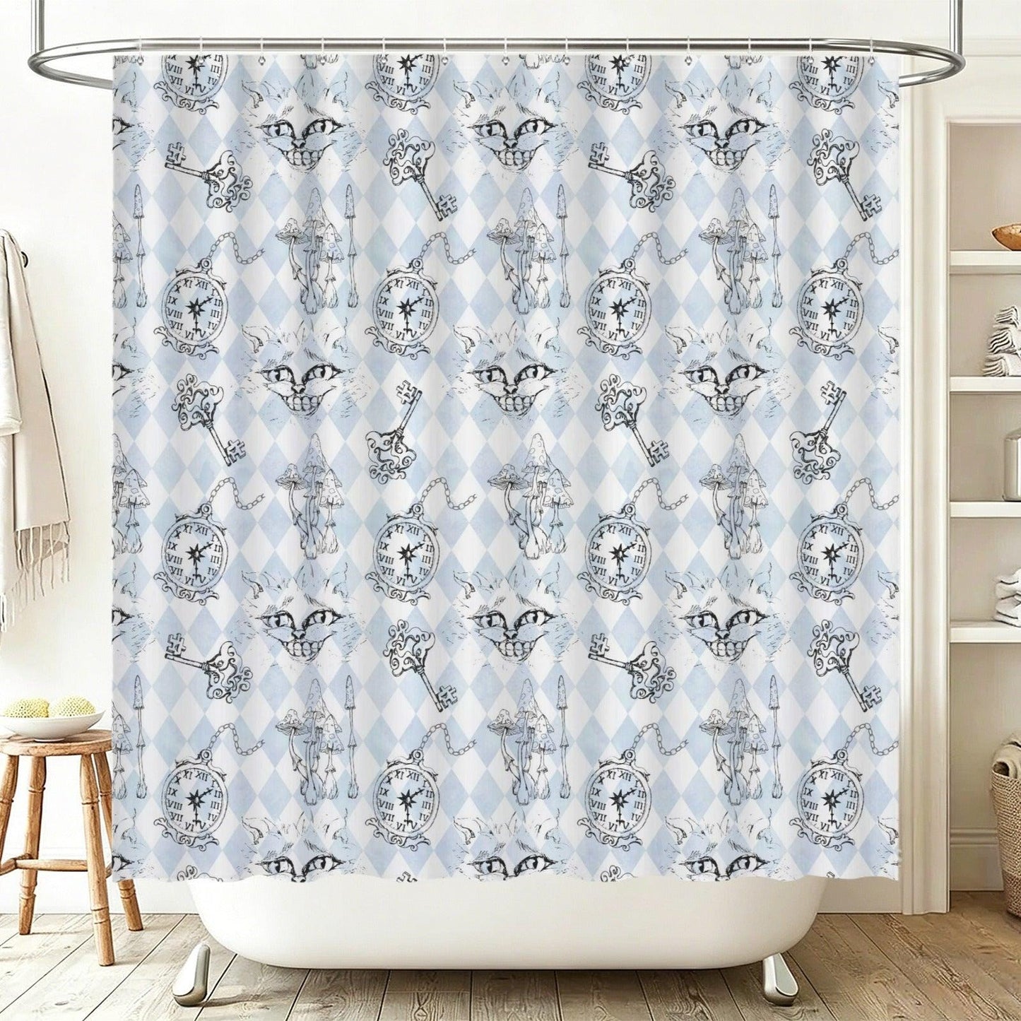 Blue Harlequin Cat Shower Curtain, Whimsical Wonderland Bathroom Decor, Vintage Curio Bath Accent
