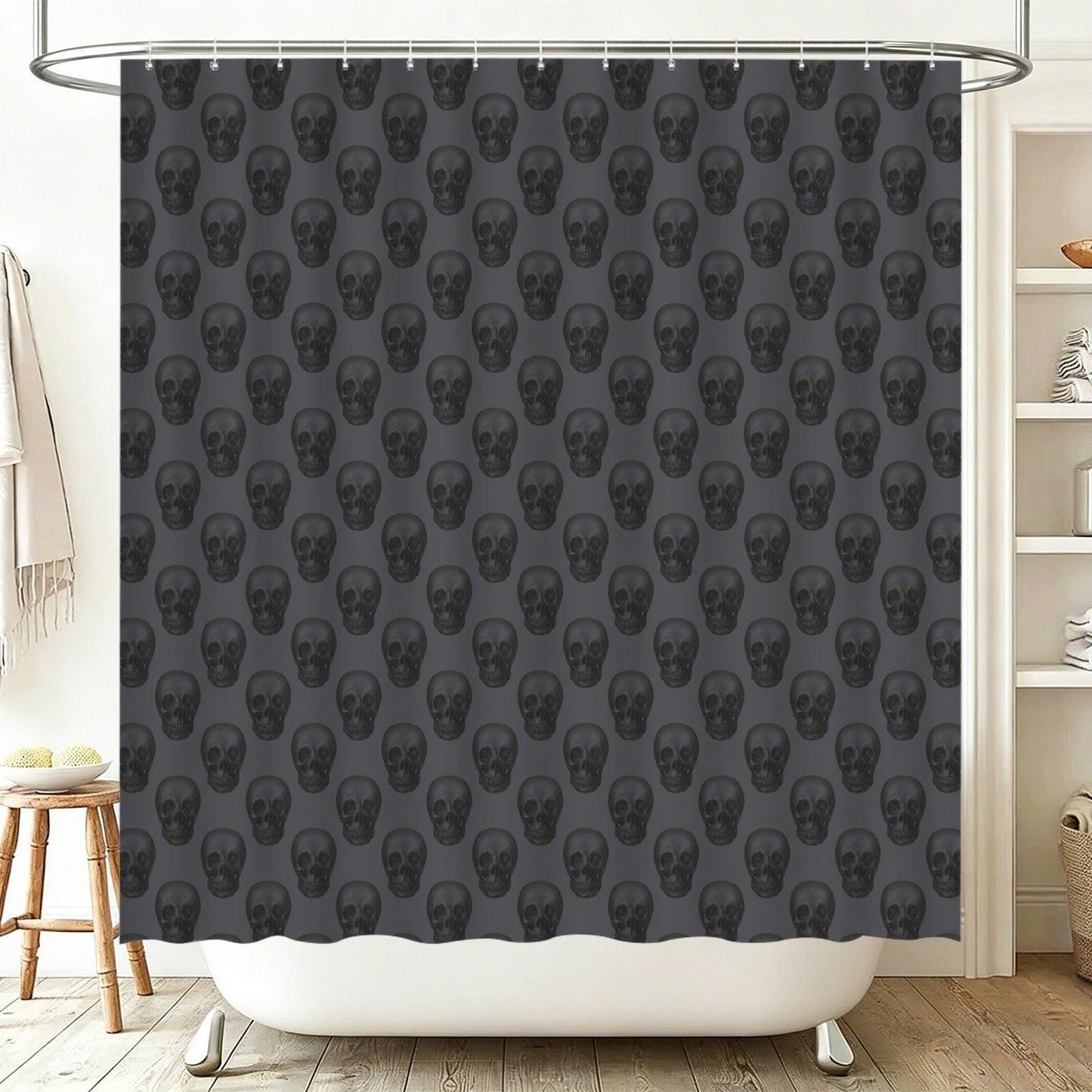 Repeating Skull Shower Curtain, Charcoal Gray Gothic Bath Decor