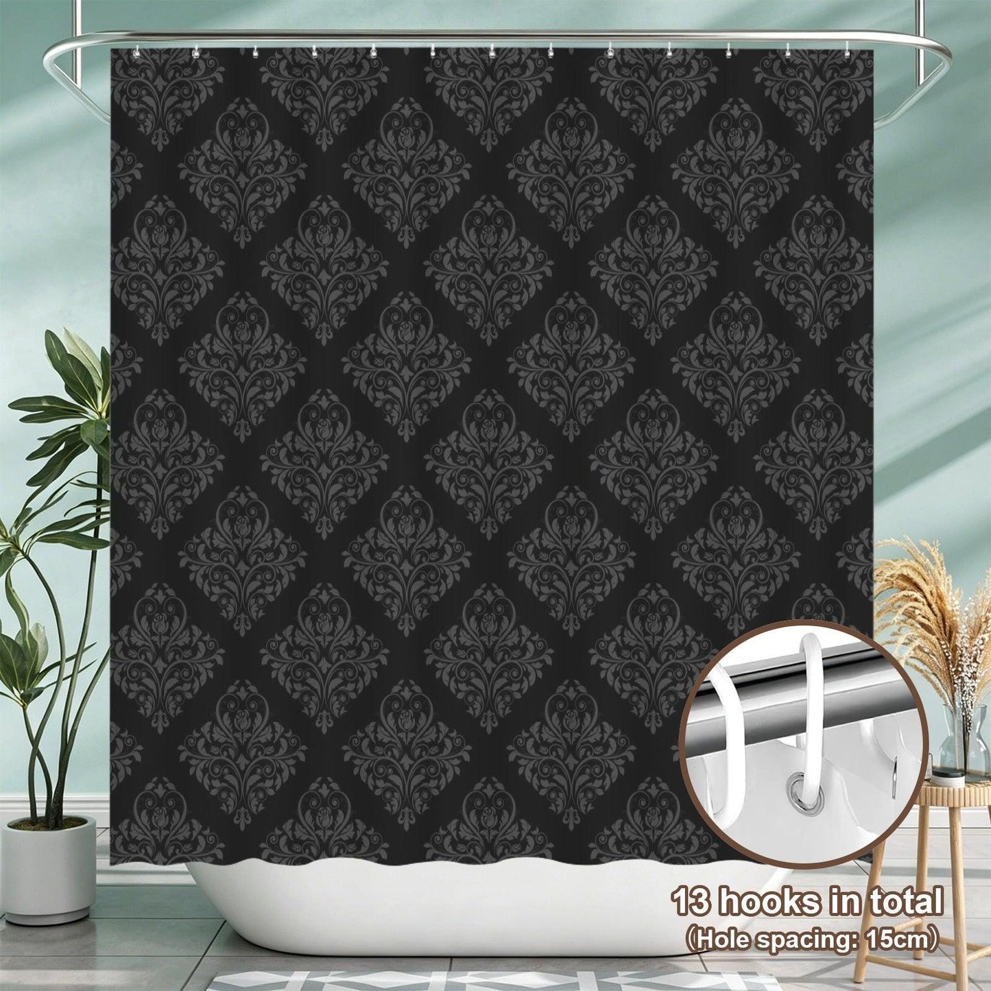 Black Damask Shower Curtain, Gothic Victorian Baroque Print, Dark Moody Bathroom Decor