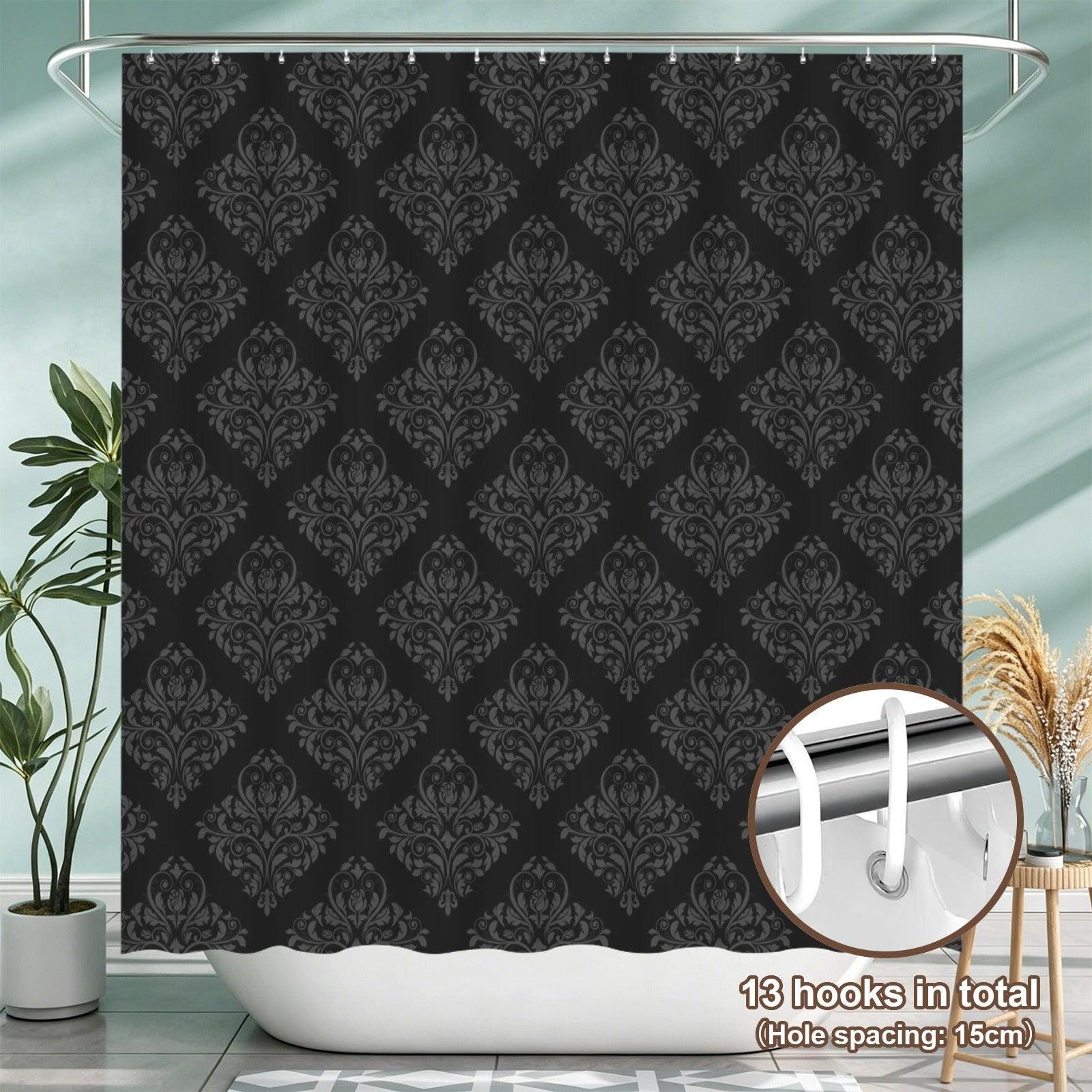 Black Damask Shower Curtain, Gothic Victorian Baroque Print, Dark Moody Bathroom Decor