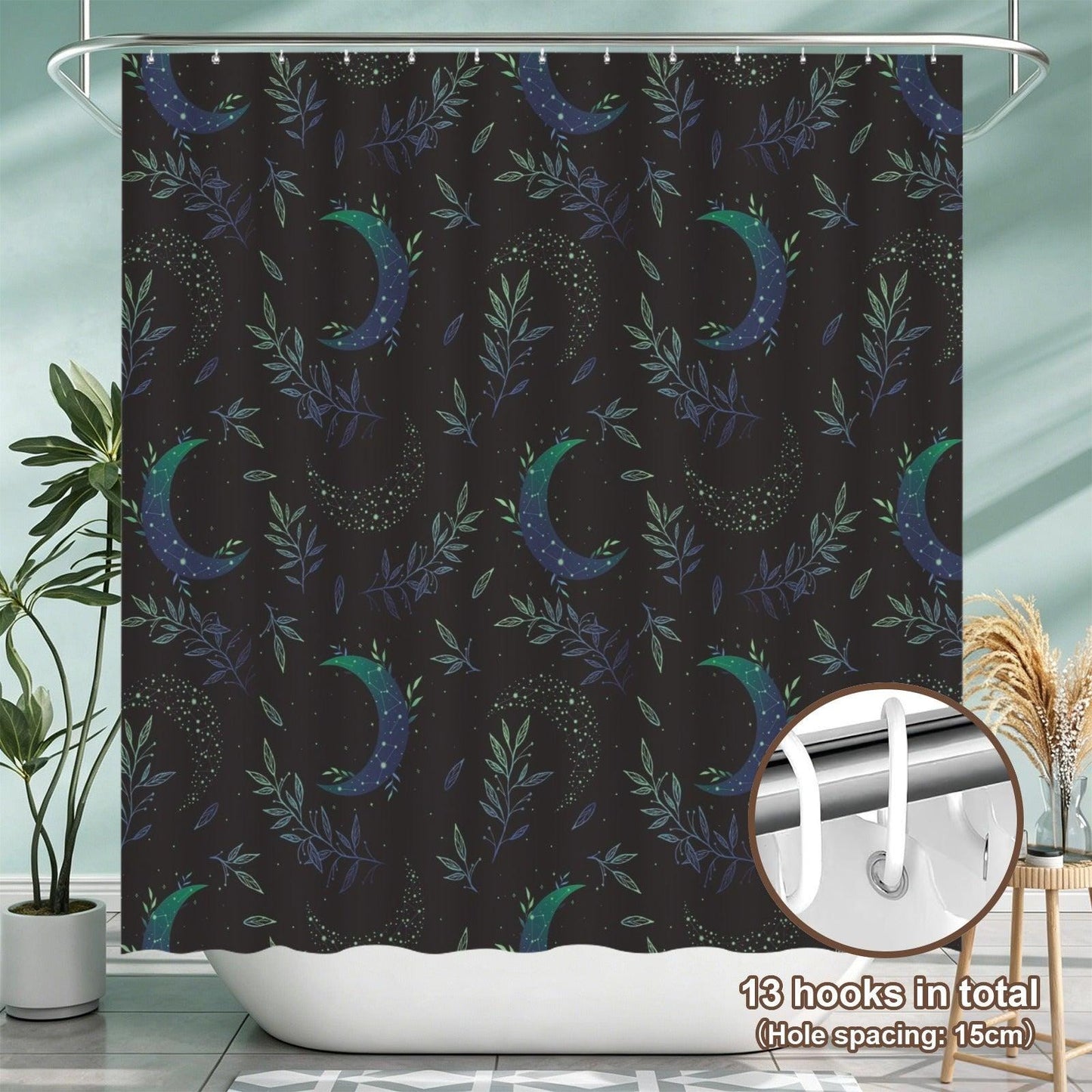 Moon Botanical Shower Curtain, Teal Crescent Moon Leaf Bath Decor