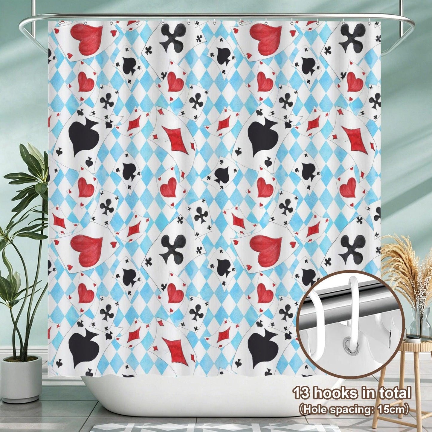 Playing Card Shower Curtain, Blue Harlequin Diamond Bath Curtain, Red Heart Spade Suits