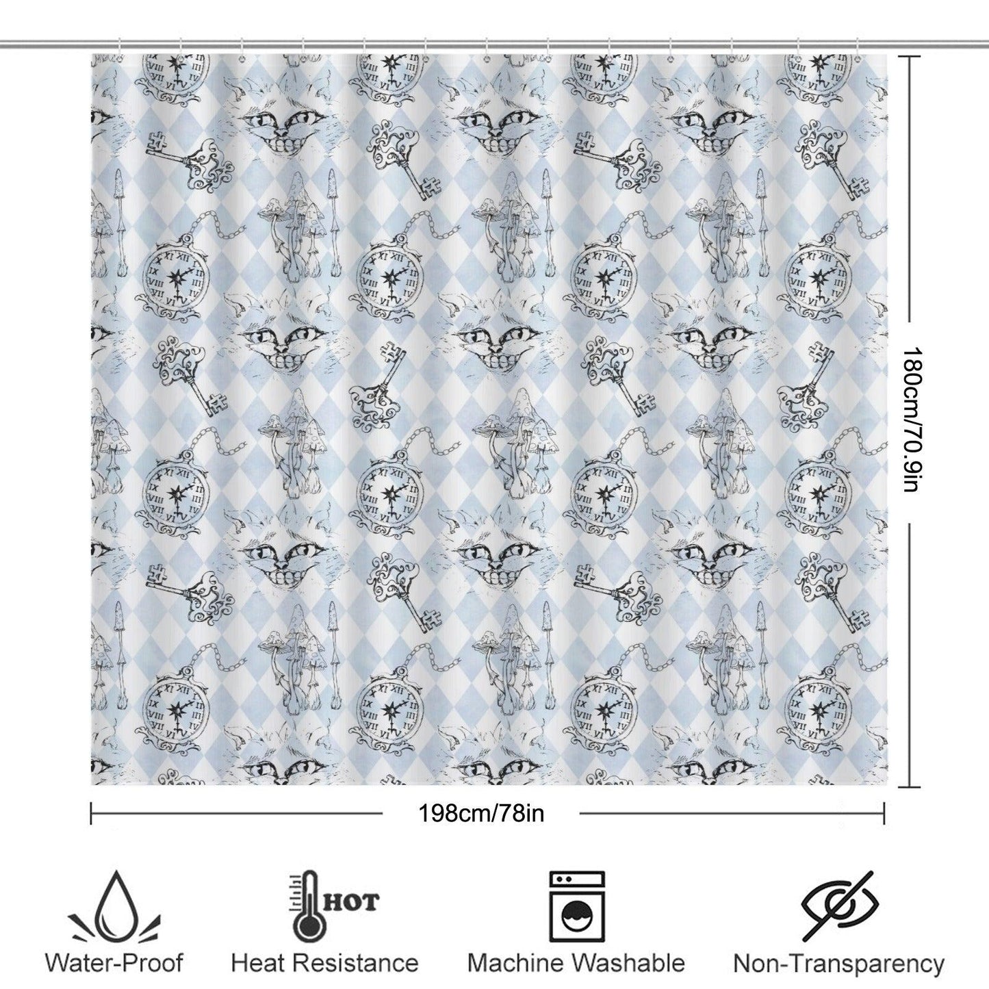 Blue Harlequin Cat Shower Curtain, Whimsical Wonderland Bathroom Decor, Vintage Curio Bath Accent