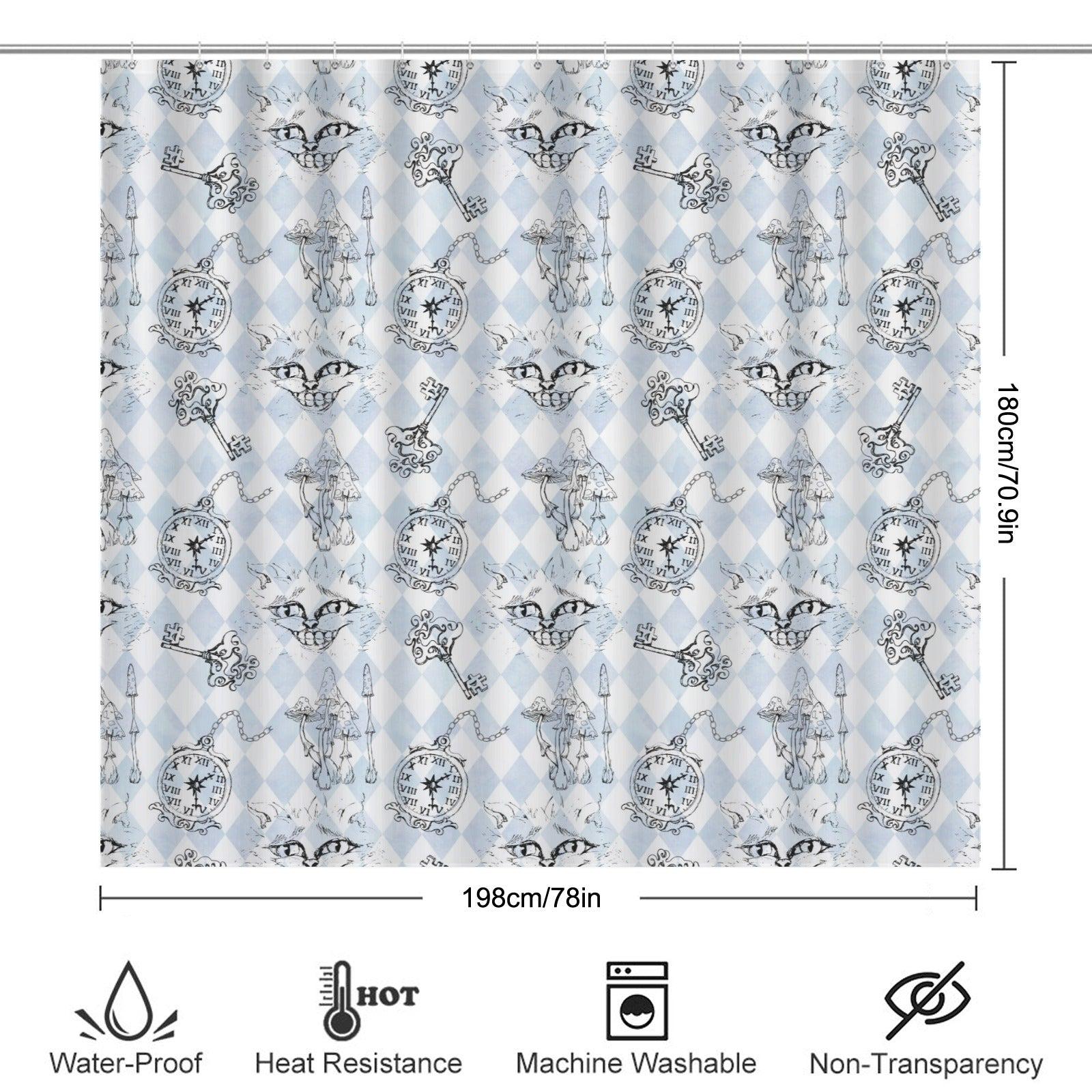 Blue Harlequin Cat Shower Curtain, Whimsical Wonderland Bathroom Decor, Vintage Curio Bath Accent