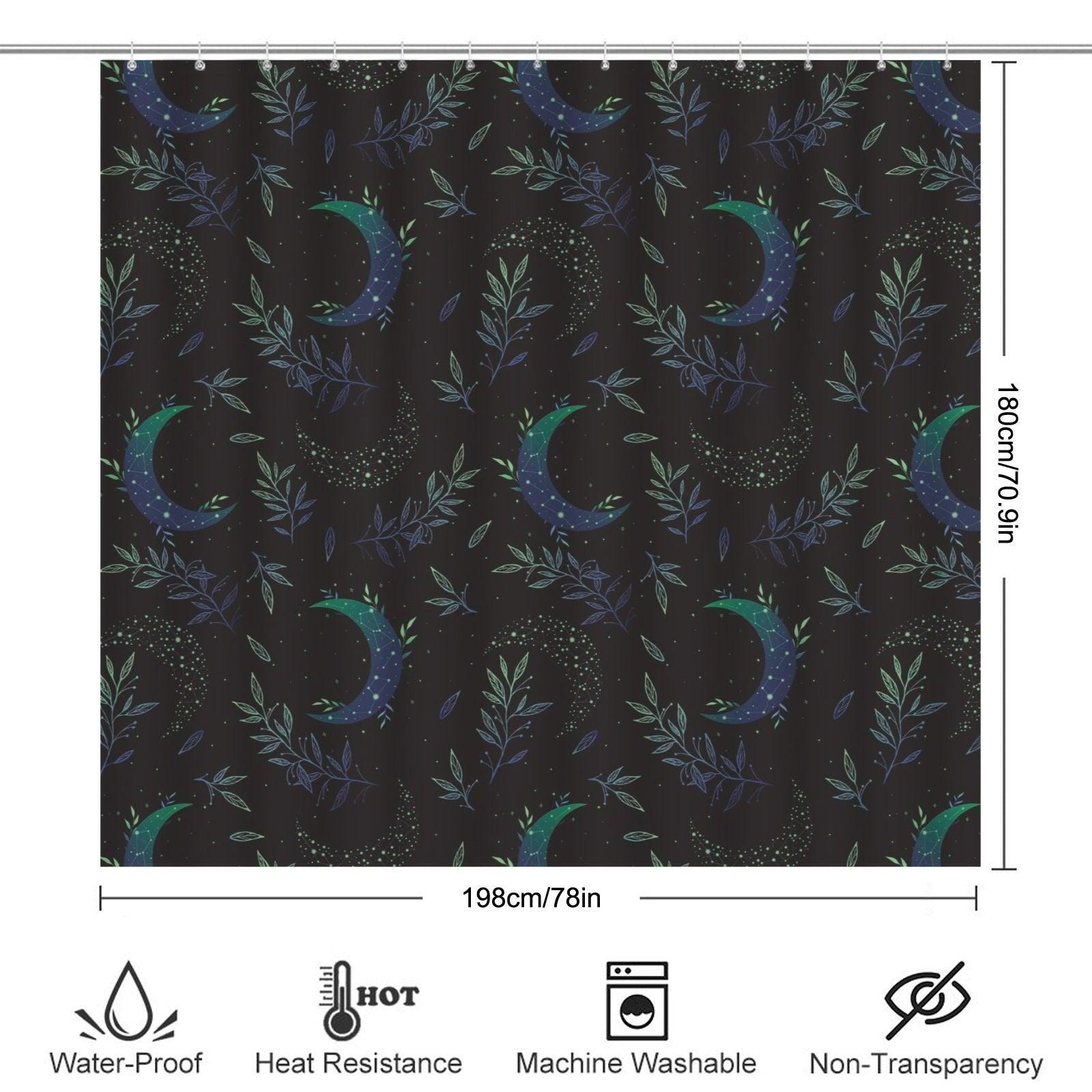 Moon Botanical Shower Curtain, Teal Crescent Moon Leaf Bath Decor