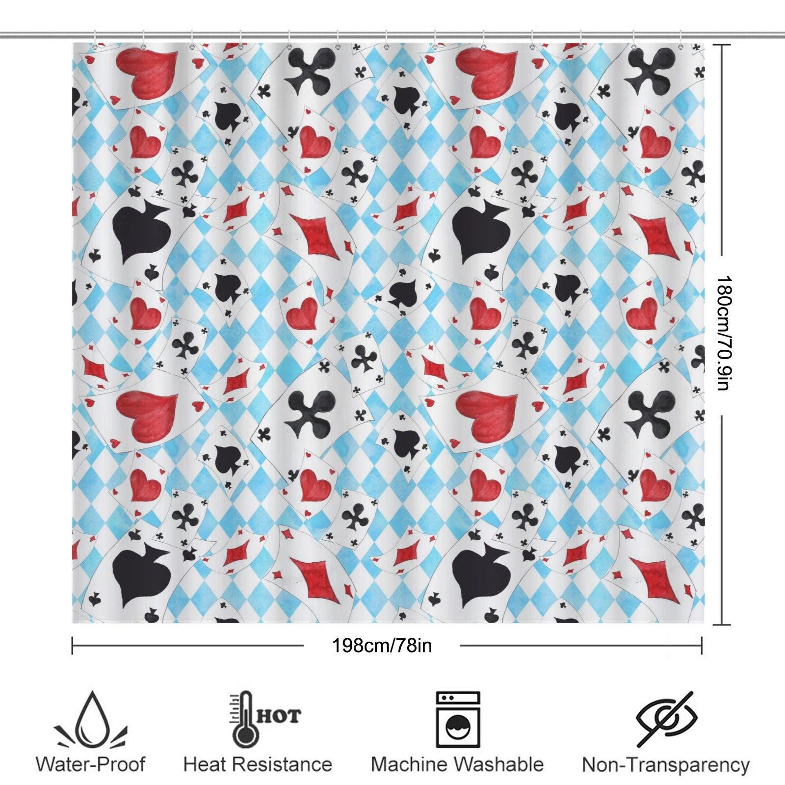Playing Card Shower Curtain, Blue Harlequin Diamond Bath Curtain, Red Heart Spade Suits
