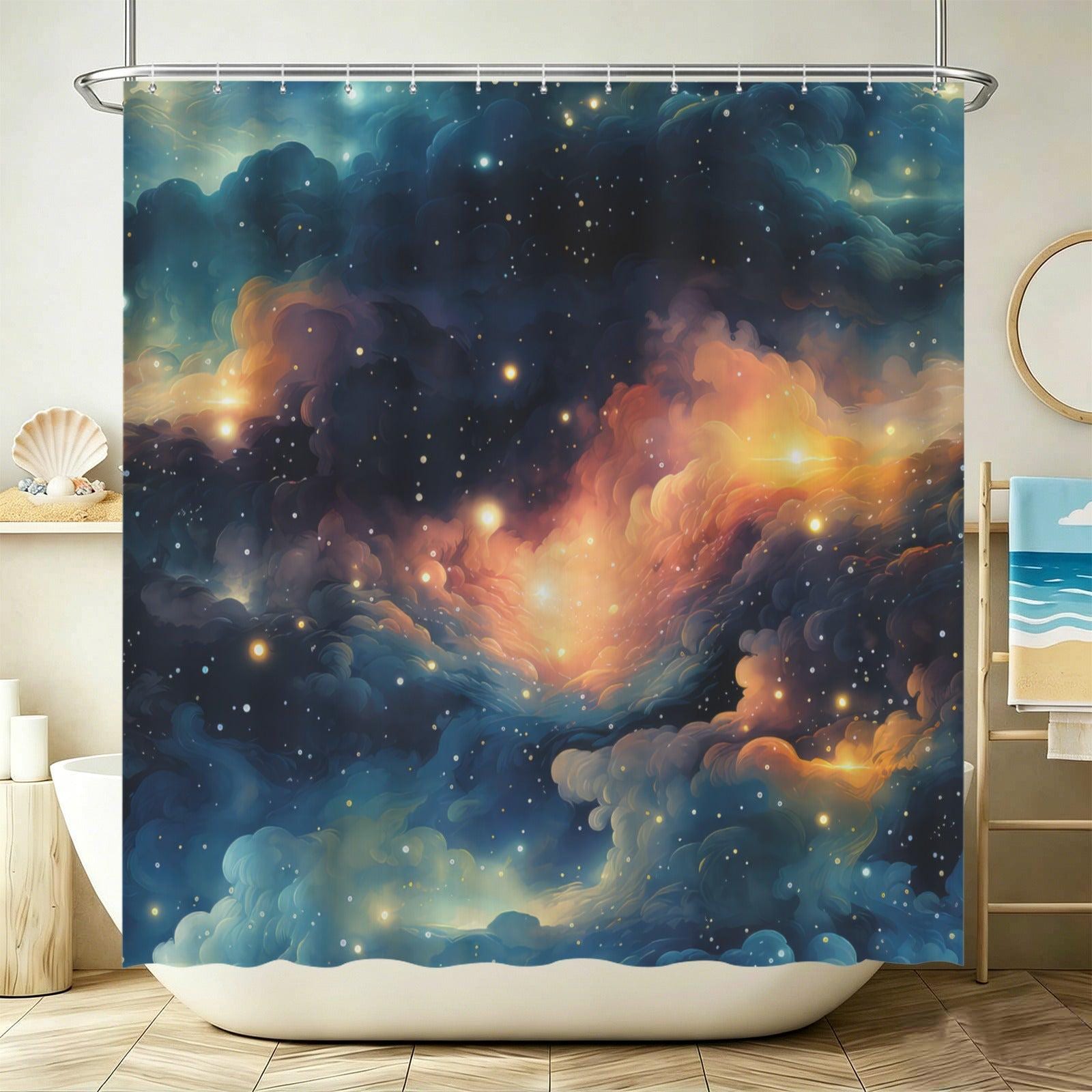 Galaxy Nebula Shower Curtain, Blue Space Bathroom Decor, Cosmic Starry Guest Bath Accent