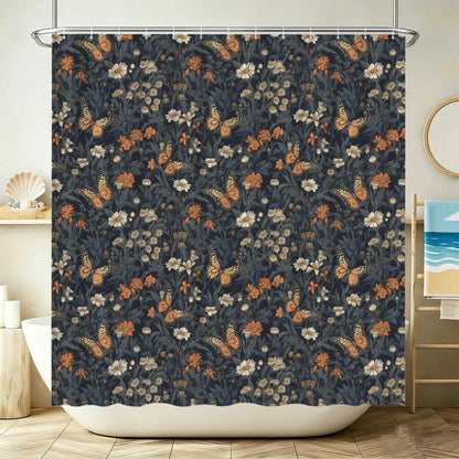 Monarch Butterfly Floral Shower Curtain, Dark Cottagecore Botanical Bath Decor