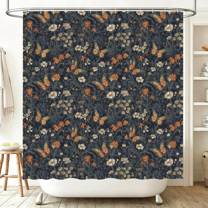 Monarch Butterfly Floral Shower Curtain, Dark Cottagecore Botanical Bath Decor